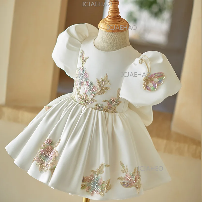 Baby Girl Birthday Party Infant Princess Dress Clothes Kids Flower Girl Wedding Host White Tutu Short Sleeve Costume Children