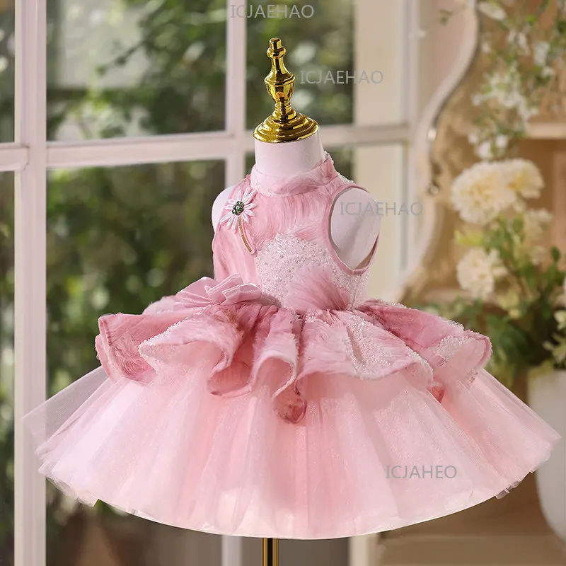 Children Girls Formal Princess Gown Clothing Flower Girl Wedding Little Kids Host Elegant Tutu Birthday Party Banquet Costume