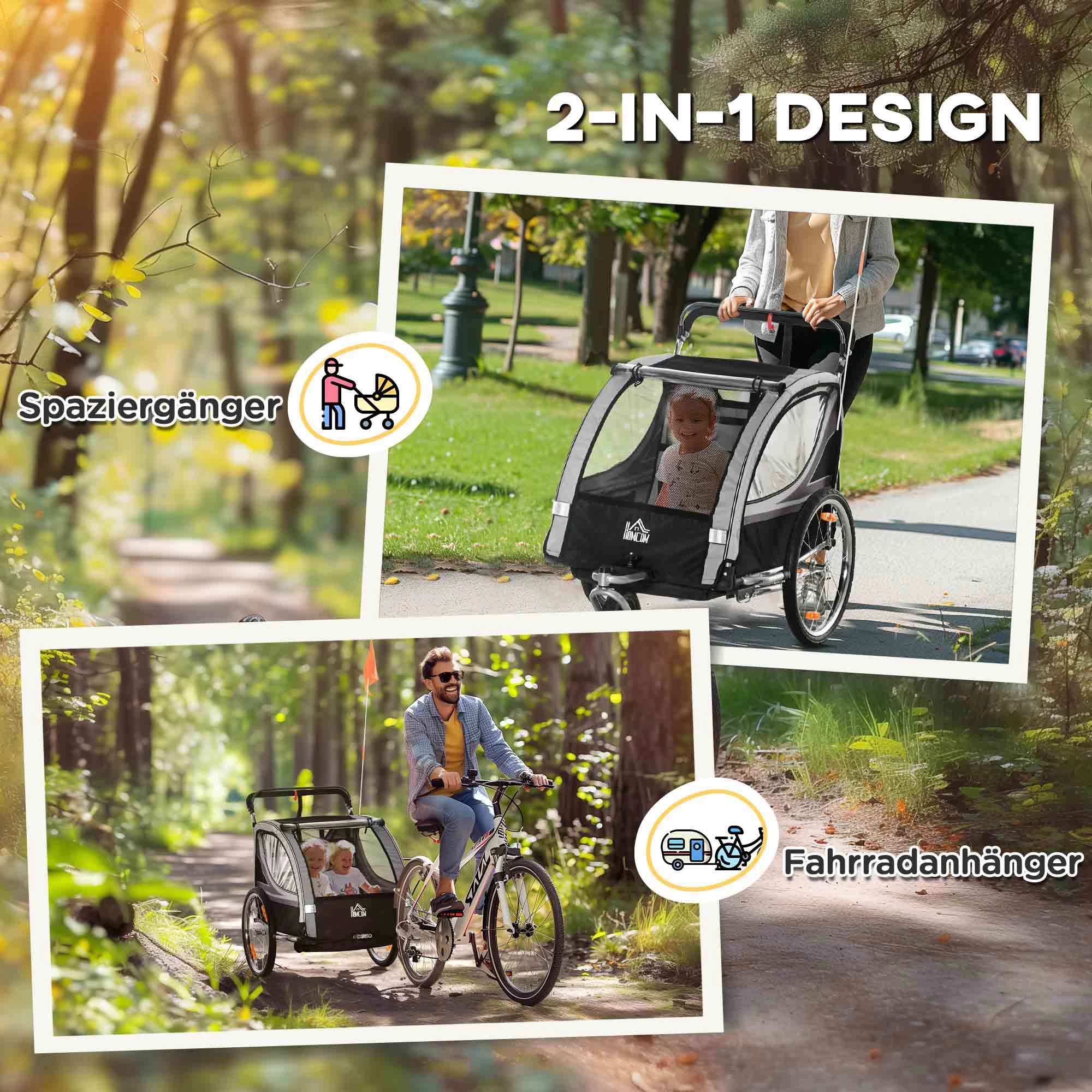 Dual Seat Foldable Kids Jogger Bike Trailer 2-in-1 Child Push Cart, zweisitziger Kinderfahrradanhänger mit Bremse & Schiebegriff, Weatherproof Fabric Shock Absorb Wheels Secure Foot Brake Large Cabin For Two Kids Outdoor Cycling Stroll