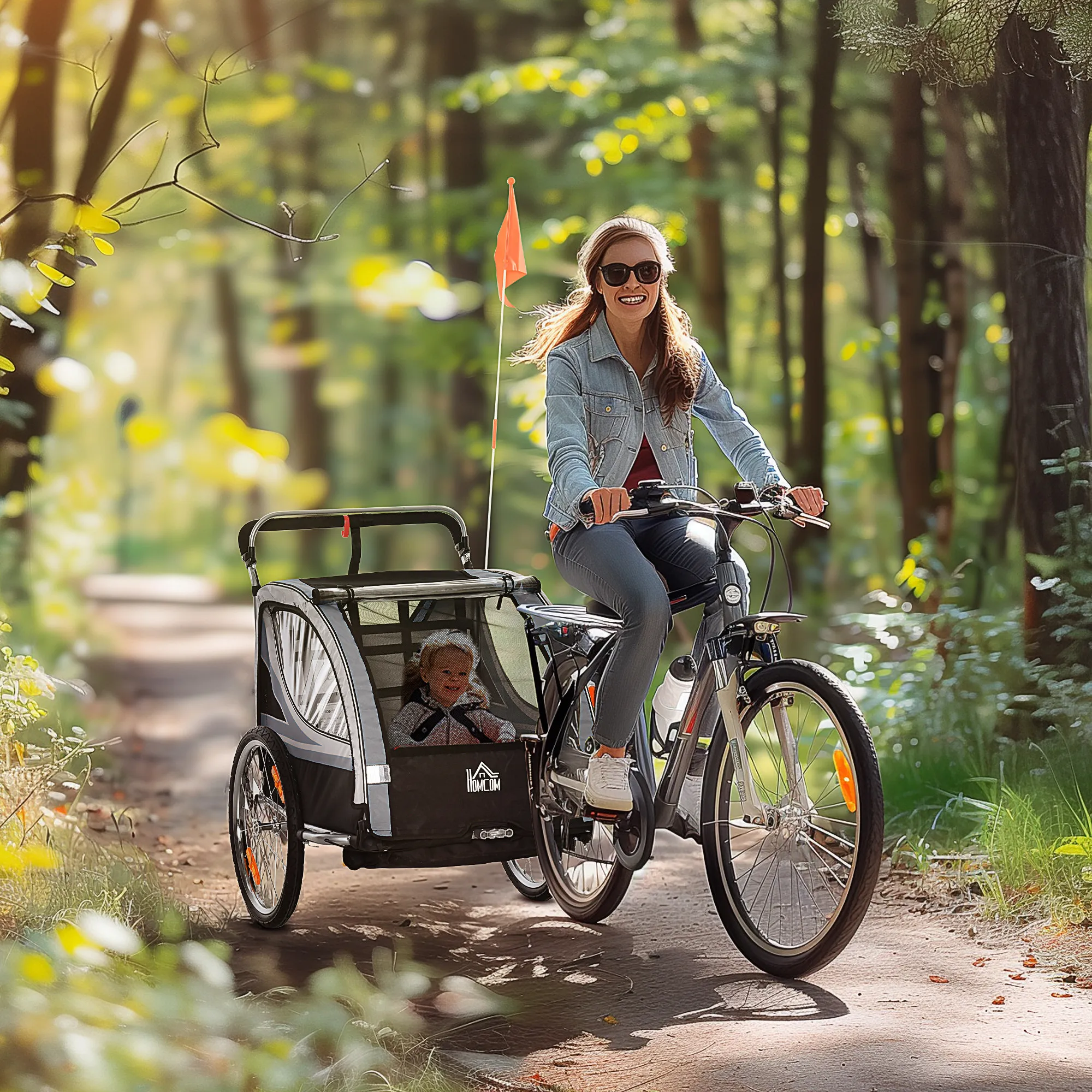 Dual Seat Foldable Kids Jogger Bike Trailer 2-in-1 Child Push Cart, zweisitziger Kinderfahrradanhänger mit Bremse & Schiebegriff, Weatherproof Fabric Shock Absorb Wheels Secure Foot Brake Large Cabin For Two Kids Outdoor Cycling Stroll