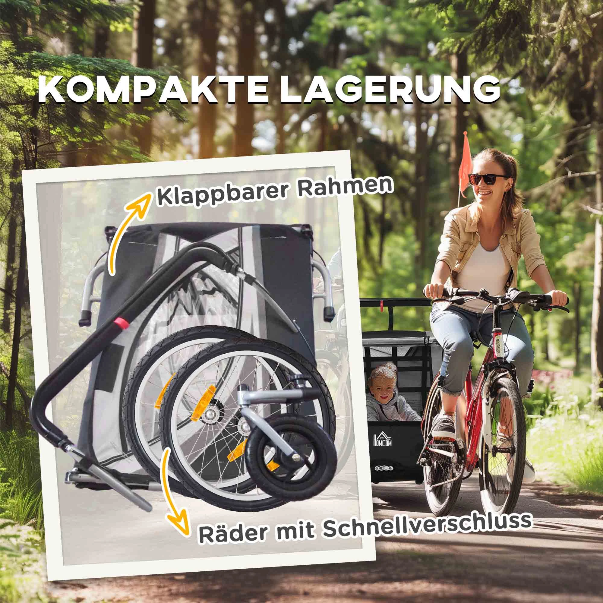 Dual Seat Foldable Kids Jogger Bike Trailer 2-in-1 Child Push Cart, zweisitziger Kinderfahrradanhänger mit Bremse & Schiebegriff, Weatherproof Fabric Shock Absorb Wheels Secure Foot Brake Large Cabin For Two Kids Outdoor Cycling Stroll