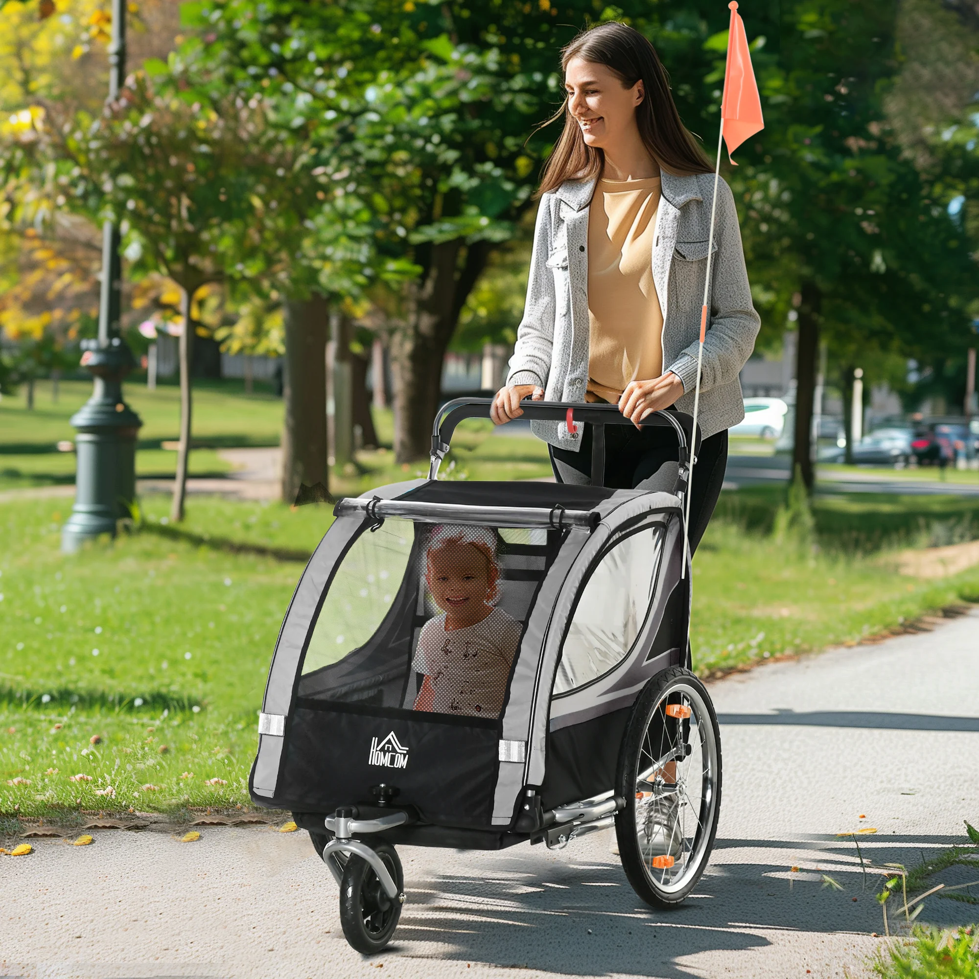 Dual Seat Foldable Kids Jogger Bike Trailer 2-in-1 Child Push Cart, zweisitziger Kinderfahrradanhänger mit Bremse & Schiebegriff, Weatherproof Fabric Shock Absorb Wheels Secure Foot Brake Large Cabin For Two Kids Outdoor Cycling Stroll