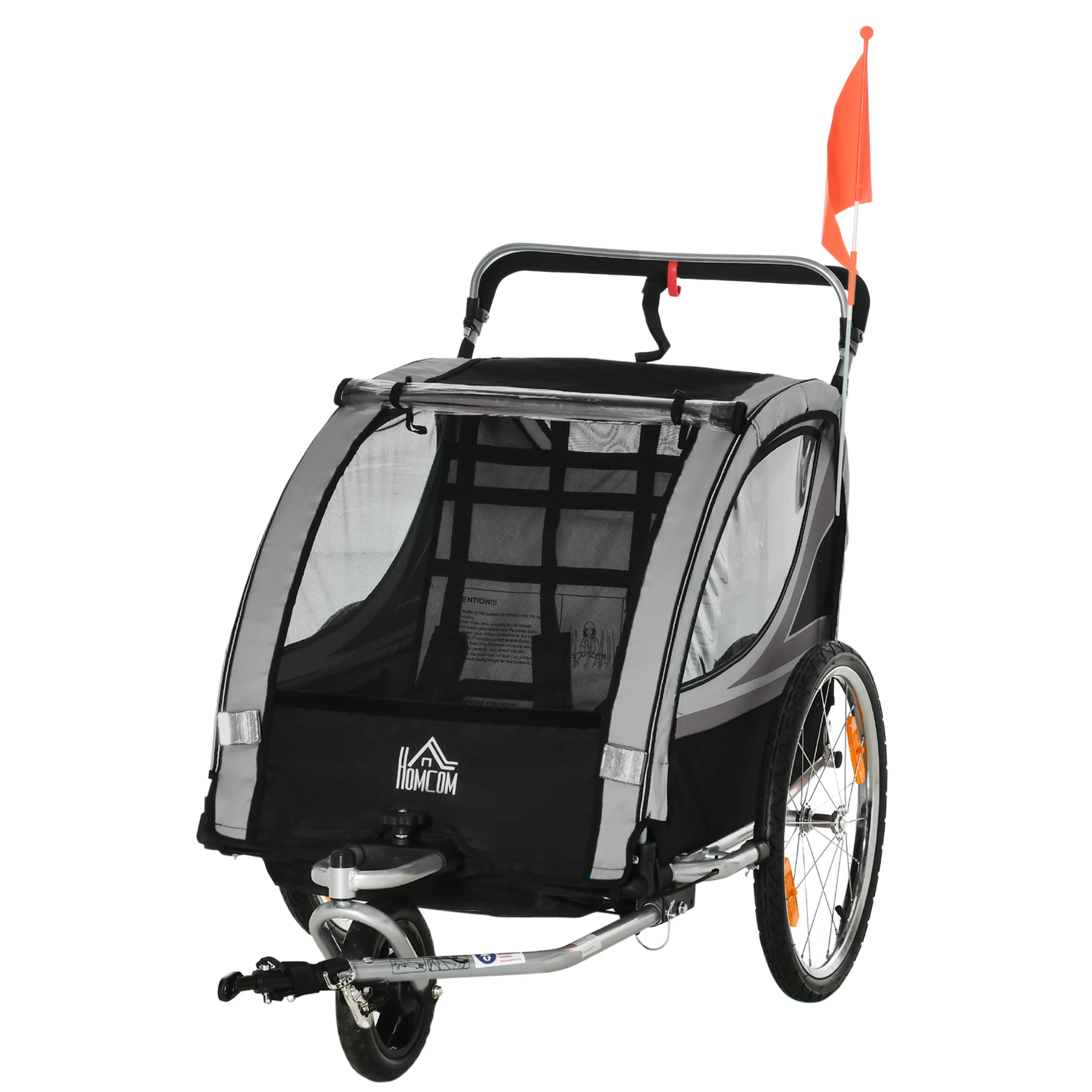 Dual Seat Foldable Kids Jogger Bike Trailer 2-in-1 Child Push Cart, zweisitziger Kinderfahrradanhänger mit Bremse & Schiebegriff, Weatherproof Fabric Shock Absorb Wheels Secure Foot Brake Large Cabin For Two Kids Outdoor Cycling Stroll