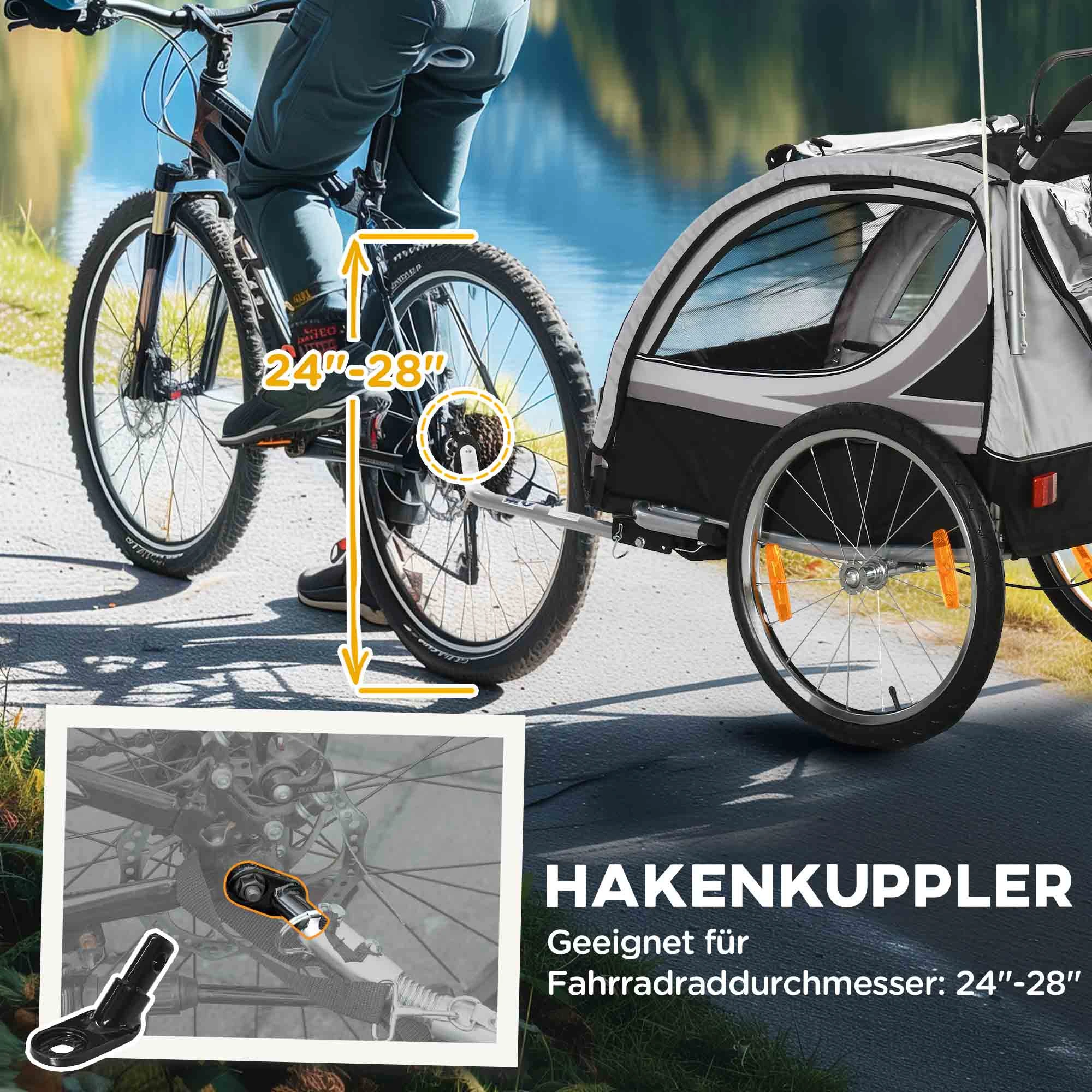 Dual Seat Foldable Kids Jogger Bike Trailer 2-in-1 Child Push Cart, zweisitziger Kinderfahrradanhänger mit Bremse & Schiebegriff, Weatherproof Fabric Shock Absorb Wheels Secure Foot Brake Large Cabin For Two Kids Outdoor Cycling Stroll