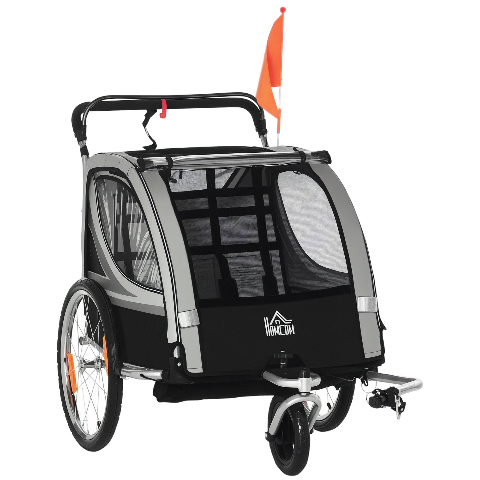 Dual Seat Foldable Kids Jogger Bike Trailer 2-in-1 Child Push Cart, zweisitziger Kinderfahrradanhänger mit Bremse & Schiebegriff, Weatherproof Fabric Shock Absorb Wheels Secure Foot Brake Large Cabin For Two Kids Outdoor Cycling Stroll