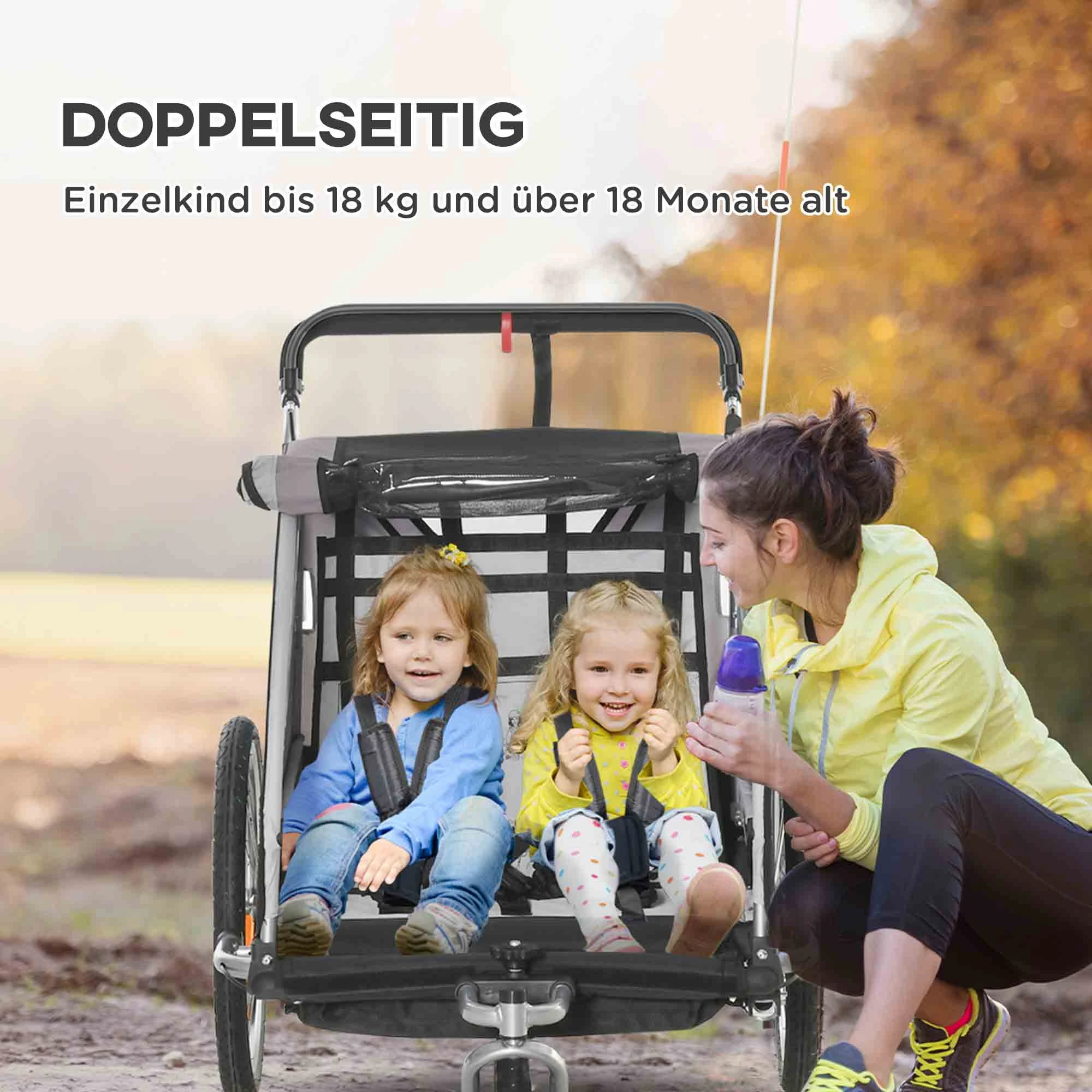 Dual Seat Foldable Kids Jogger Bike Trailer 2-in-1 Child Push Cart, zweisitziger Kinderfahrradanhänger mit Bremse & Schiebegriff, Weatherproof Fabric Shock Absorb Wheels Secure Foot Brake Large Cabin For Two Kids Outdoor Cycling Stroll