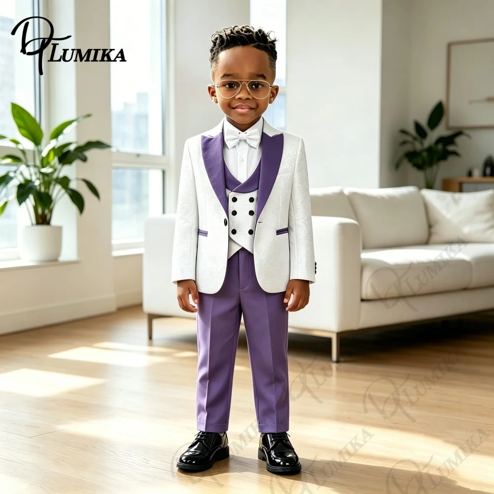 Elegant Jacquard Pattern Boys 4Pcs Suit Set 2026 Purple Lapel Blazer Pants Bowtie Formal Outfit For Toddler Kids Wedding Prom
