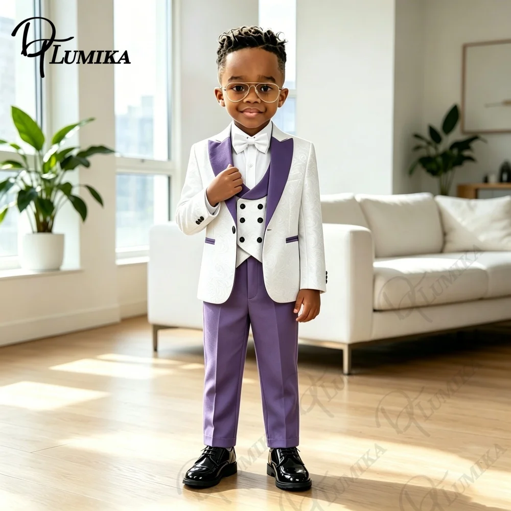 Elegant Jacquard Pattern Boys 4Pcs Suit Set 2026 Purple Lapel Blazer Pants Bowtie Formal Outfit For Toddler Kids Wedding Prom