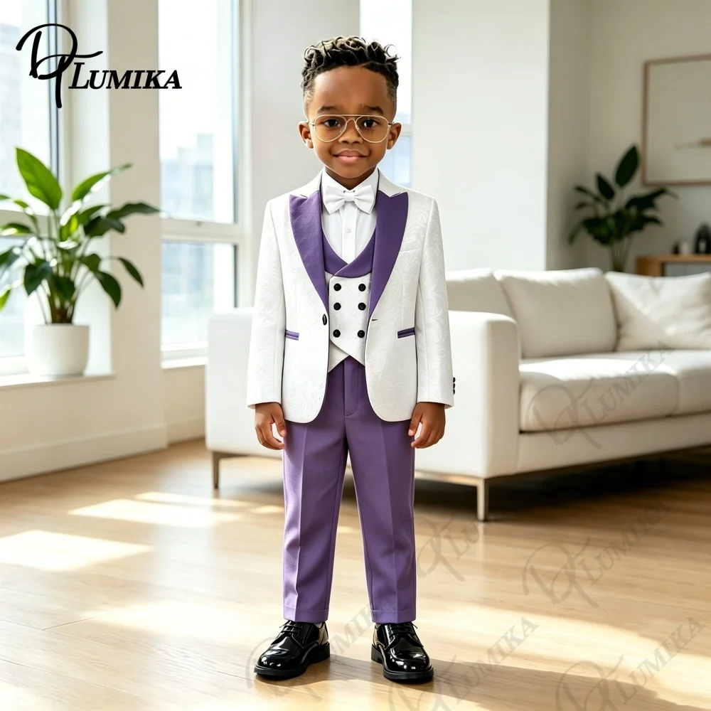 Elegant Jacquard Pattern Boys 4Pcs Suit Set 2026 Purple Lapel Blazer Pants Bowtie Formal Outfit For Toddler Kids Wedding Prom
