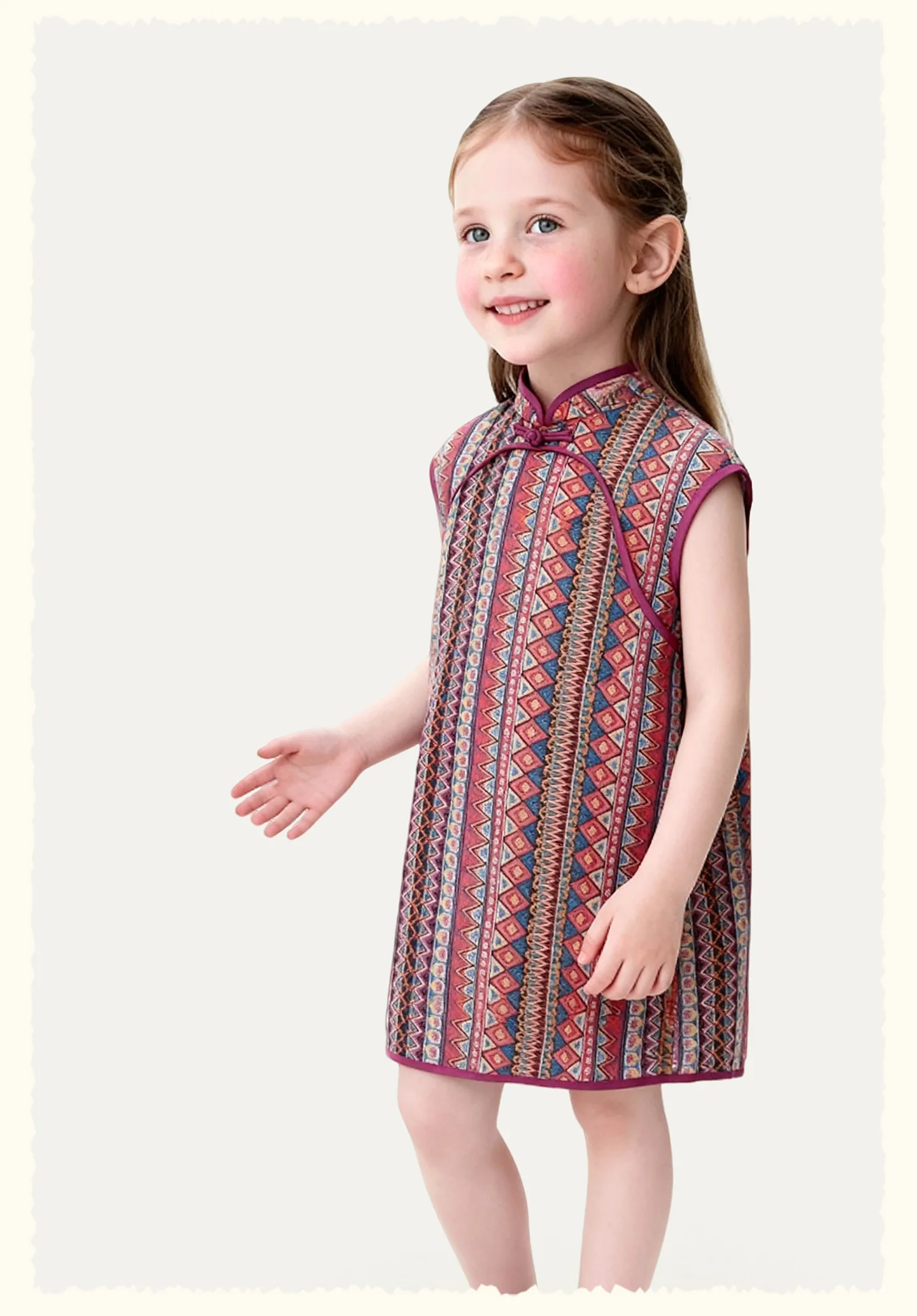 Amila 2026 Summer New Girls' Dress, New Chinese Style Retro Pattern Pan Buckle Stand Up Collar Cheongsam Skirt