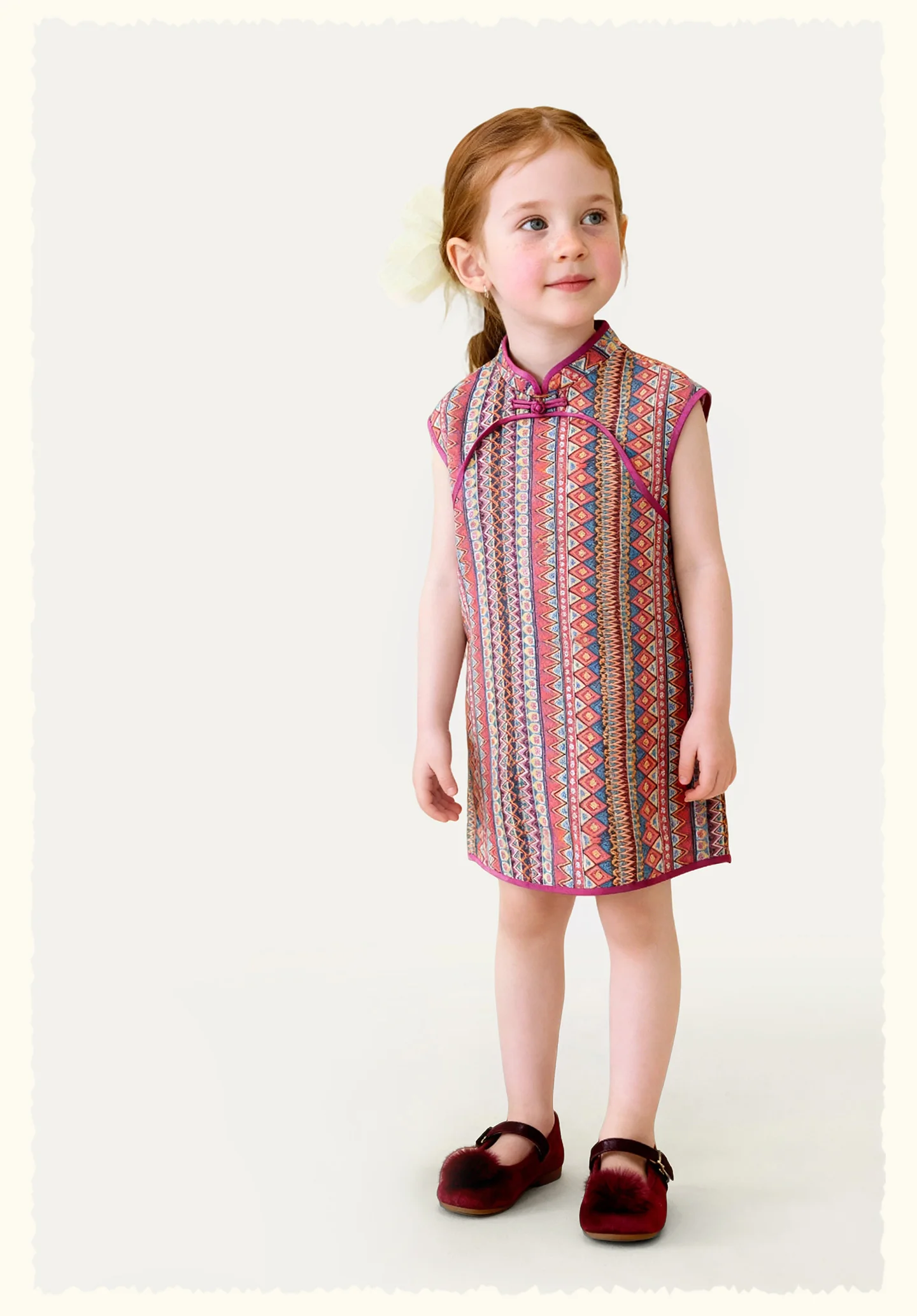 Amila 2026 Summer New Girls' Dress, New Chinese Style Retro Pattern Pan Buckle Stand Up Collar Cheongsam Skirt