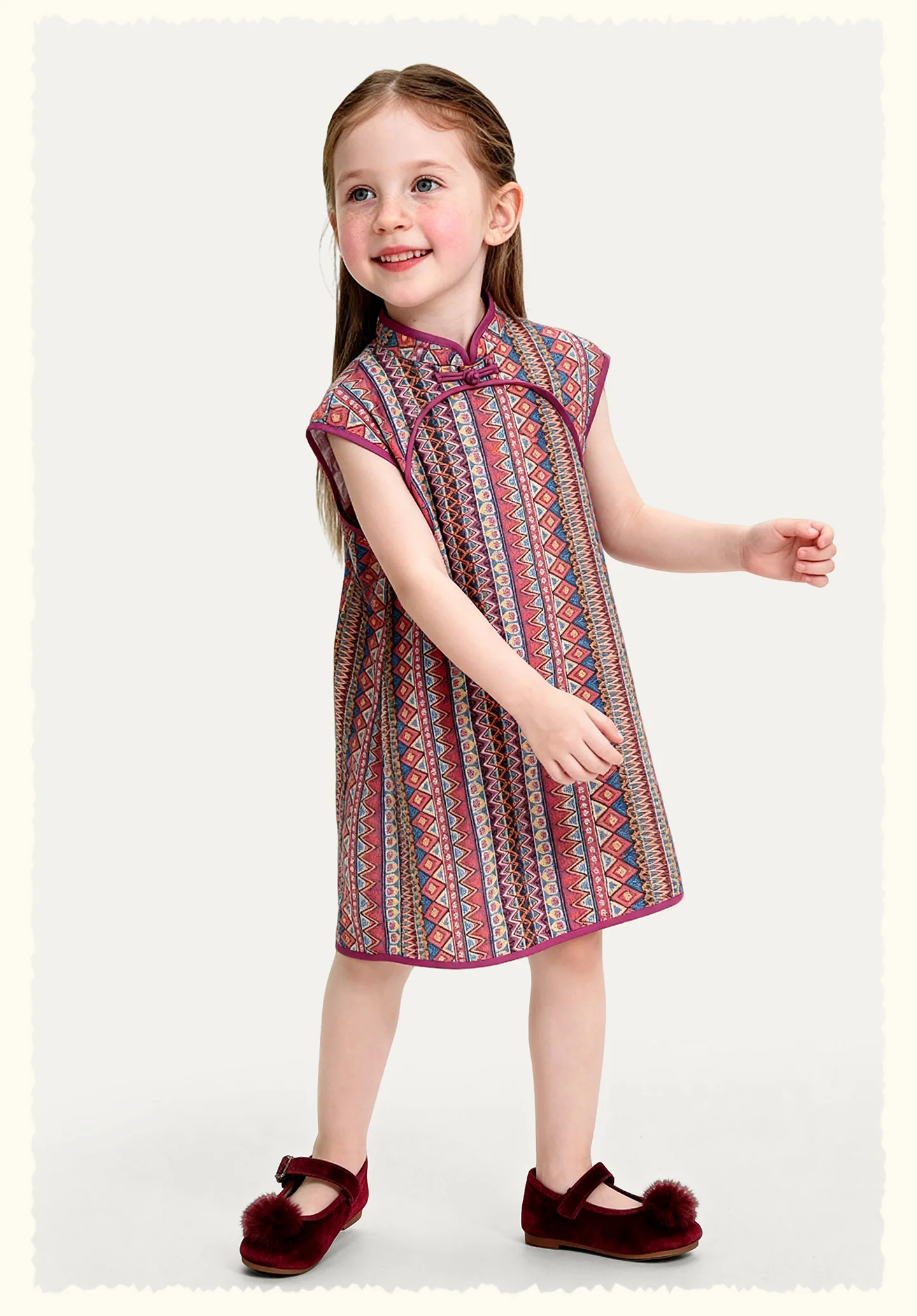 Amila 2026 Summer New Girls' Dress, New Chinese Style Retro Pattern Pan Buckle Stand Up Collar Cheongsam Skirt