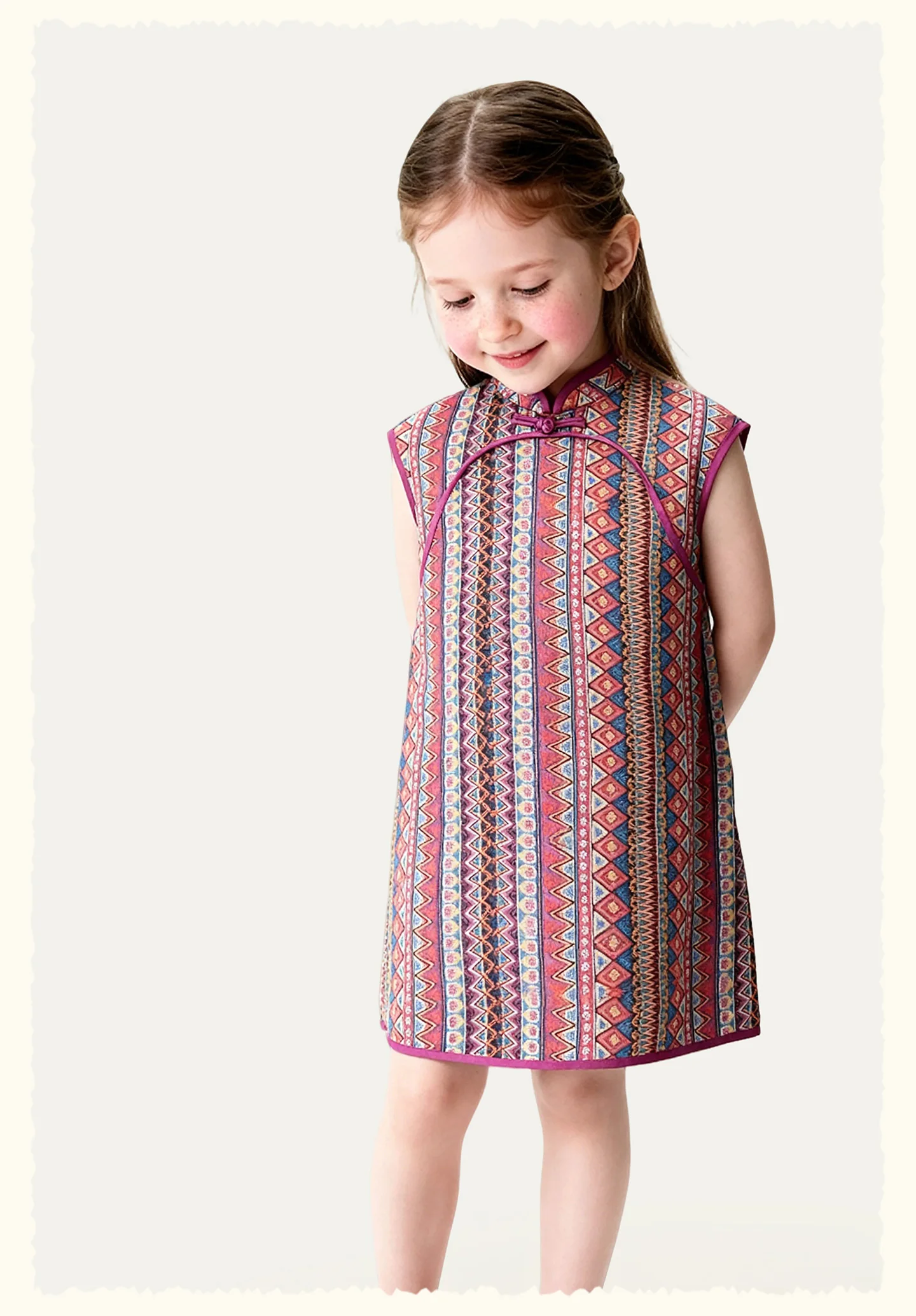 Amila 2026 Summer New Girls' Dress, New Chinese Style Retro Pattern Pan Buckle Stand Up Collar Cheongsam Skirt