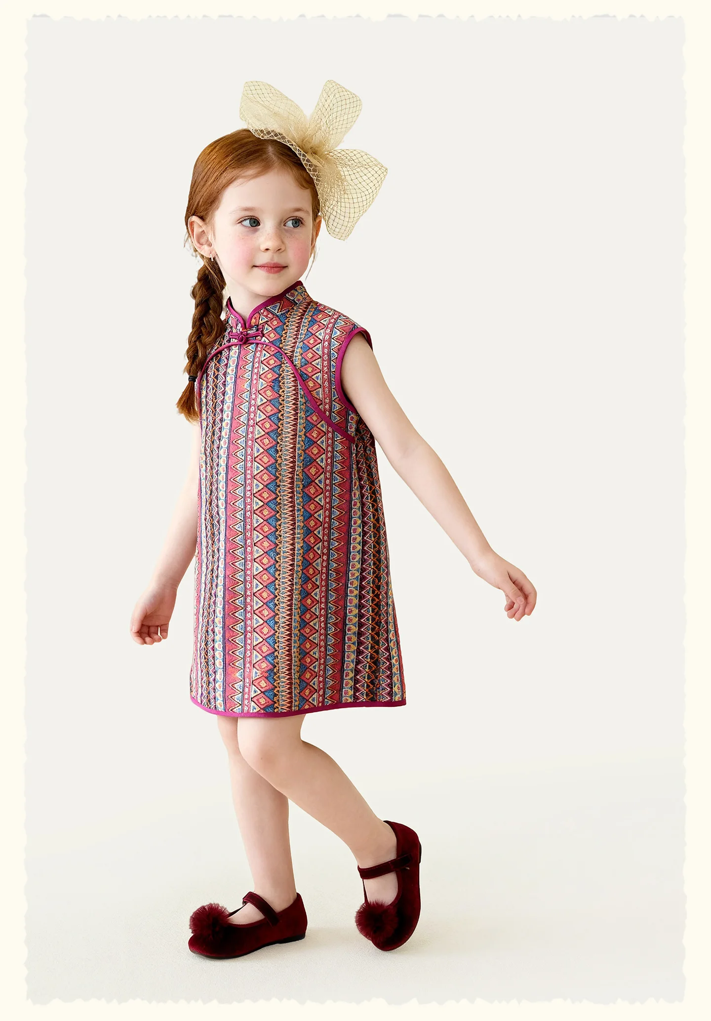 Amila 2026 Summer New Girls' Dress, New Chinese Style Retro Pattern Pan Buckle Stand Up Collar Cheongsam Skirt
