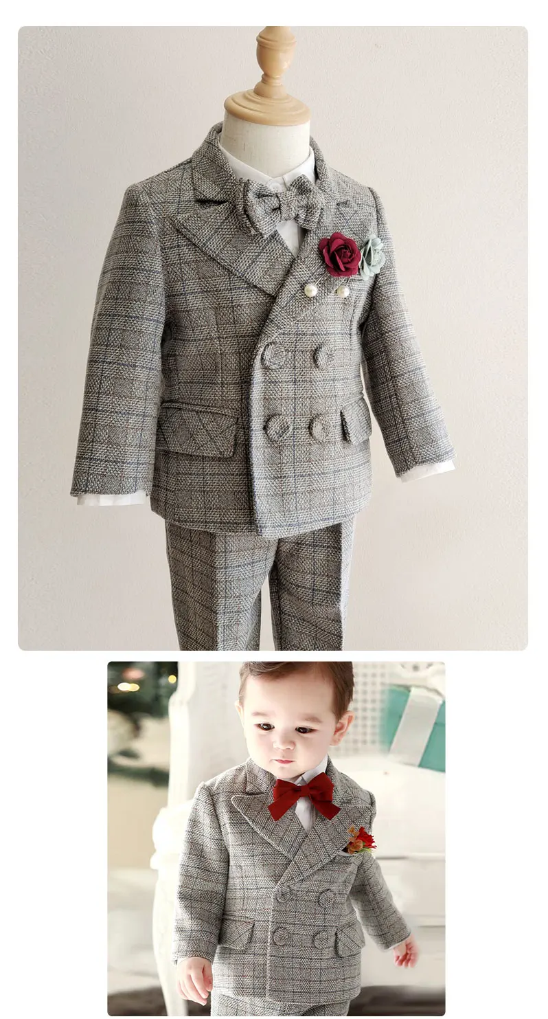 Kids Boys Gentleman Plaid Suit Outfit Jacket Pants Suspenders Bow Tie Formal Wedding Party Photograph Costume for Baby Boy Cloth