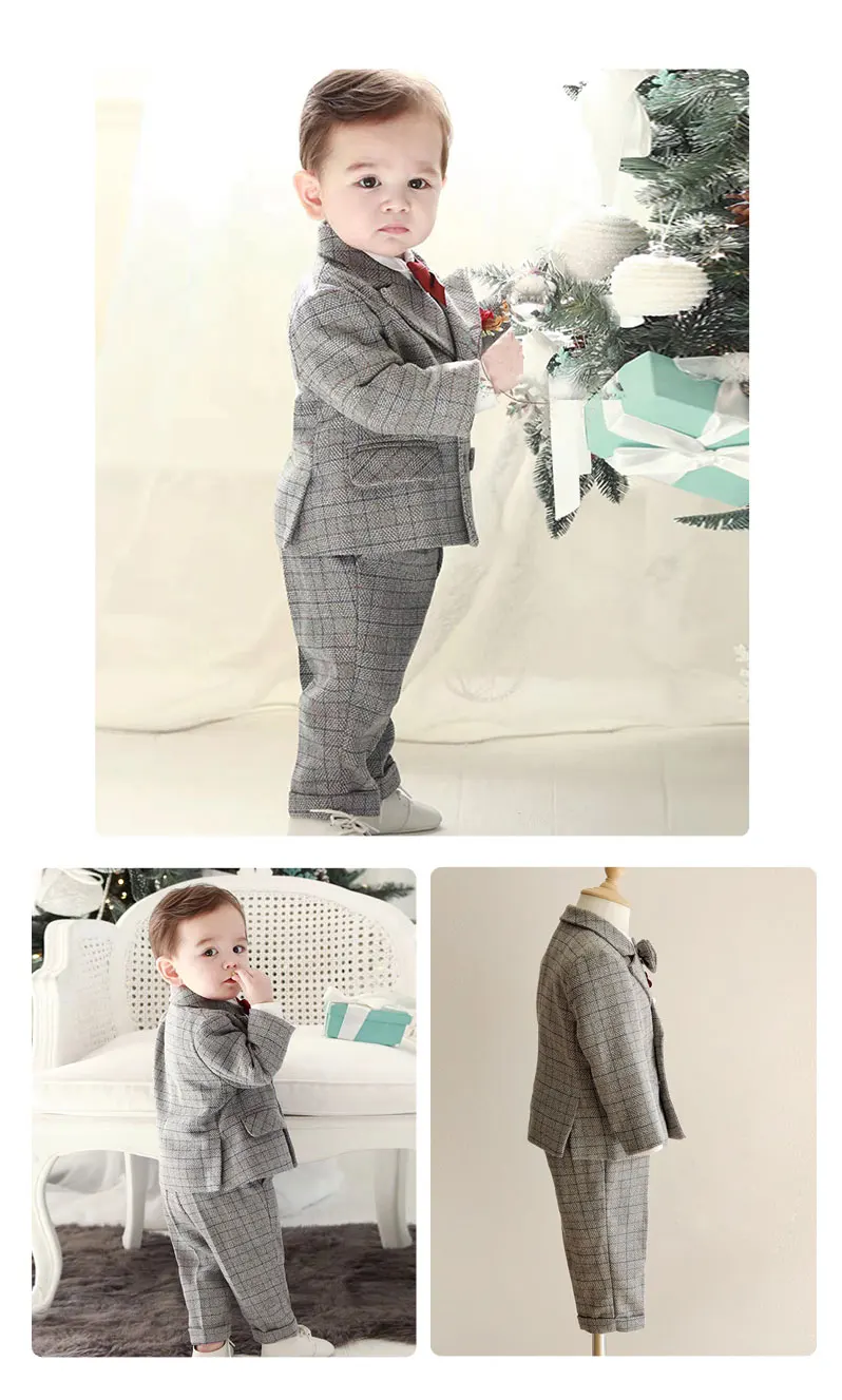 Kids Boys Gentleman Plaid Suit Outfit Jacket Pants Suspenders Bow Tie Formal Wedding Party Photograph Costume for Baby Boy Cloth