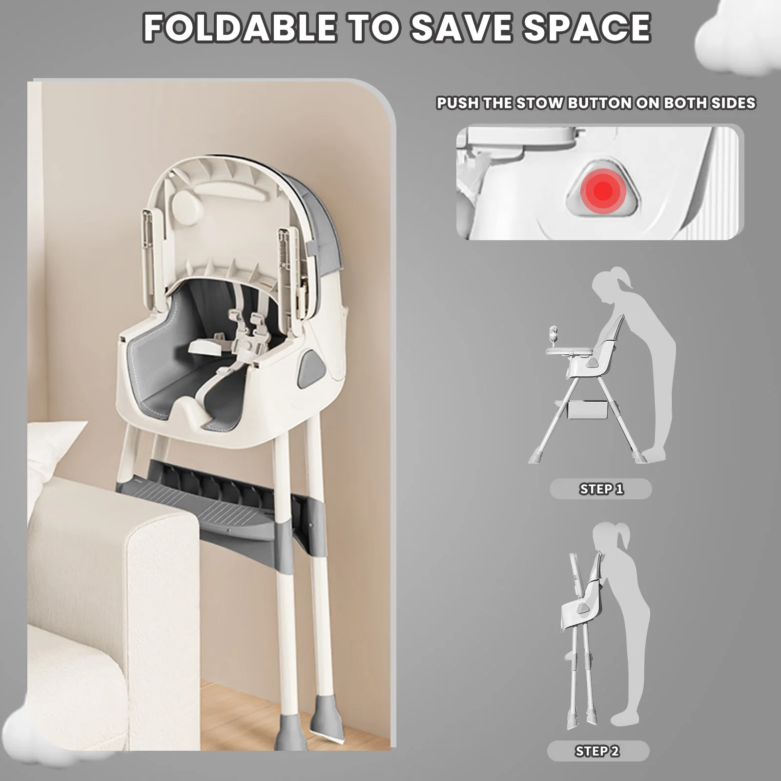 Foldable Baby High Chair 6 Months Plus, with Large Antislip Pad & ToyRack, Easy to Clean Feeding , E500