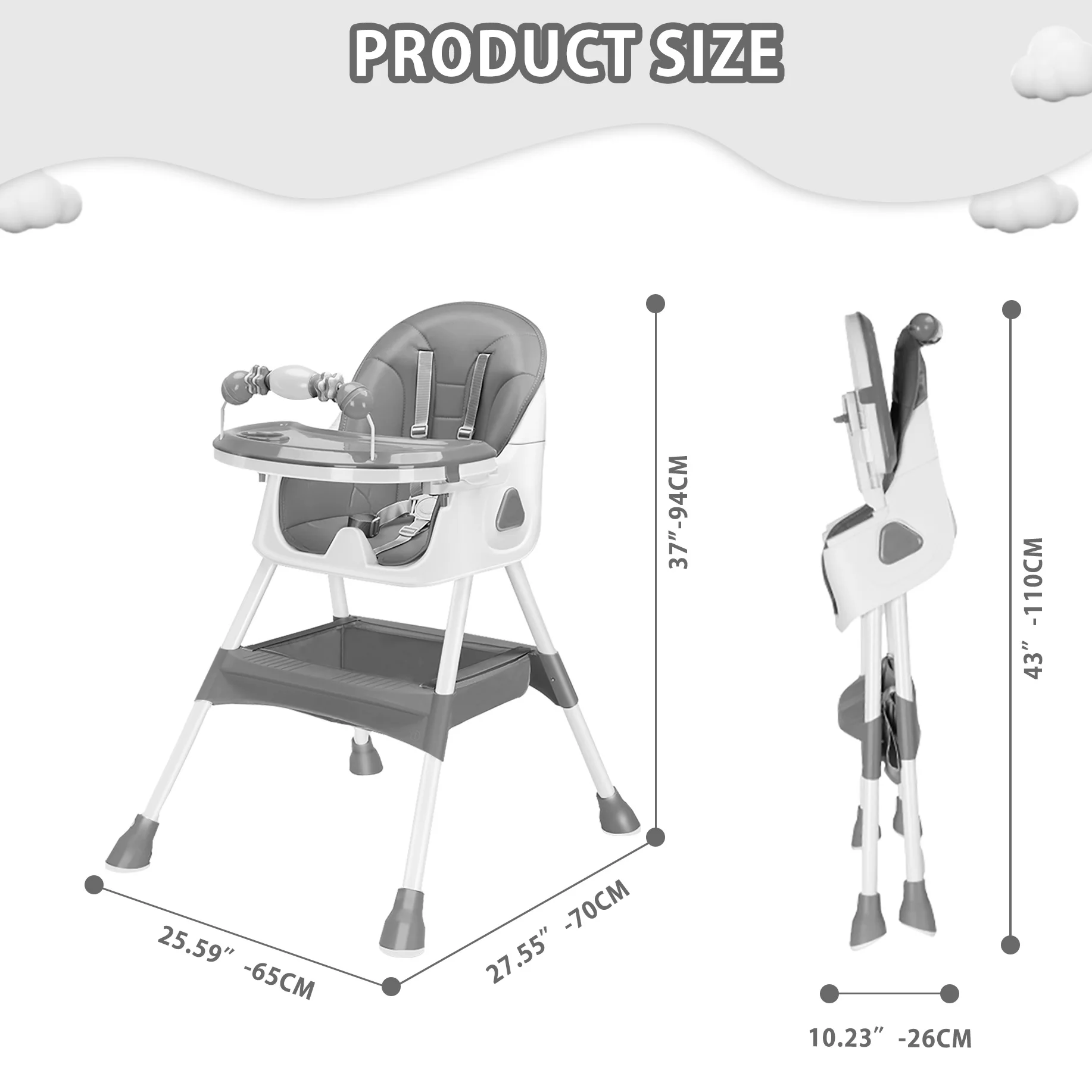 Foldable Baby High Chair 6 Months Plus, with Large Antislip Pad & ToyRack, Easy to Clean Feeding , E500