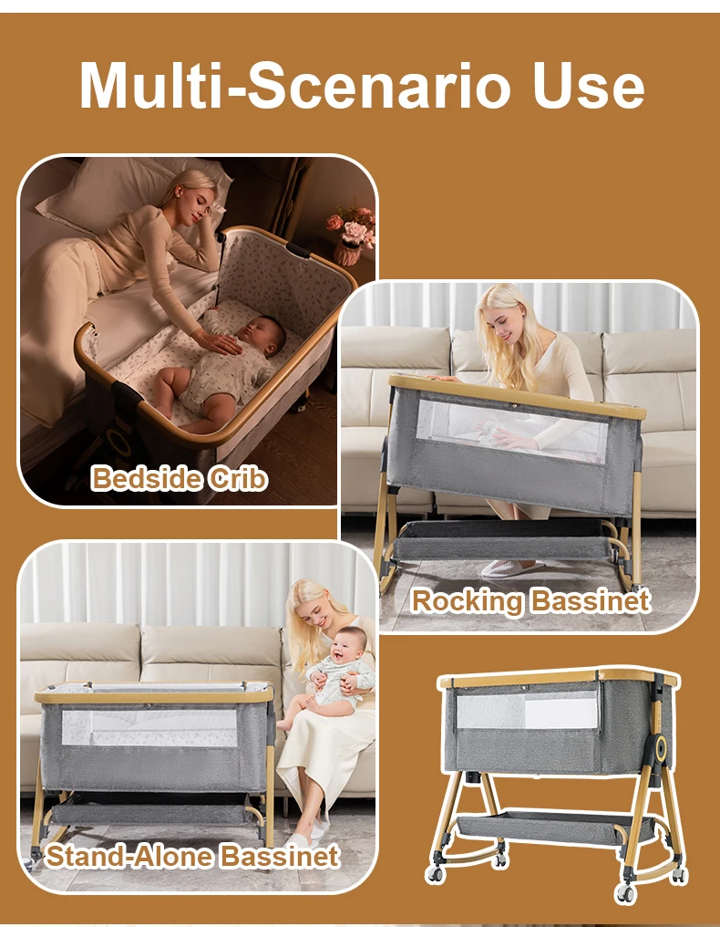 Multi-Functional Baby Crib Portable Movable Bedside Swing Cradle Foldable Sleeping Bed Height Adjustable Splicing Bed for Newborn Infant Home Bedroom Use