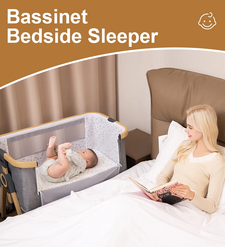 Multi-Functional Baby Crib Portable Movable Bedside Swing Cradle Foldable Sleeping Bed Height Adjustable Splicing Bed for Newborn Infant Home Bedroom Use