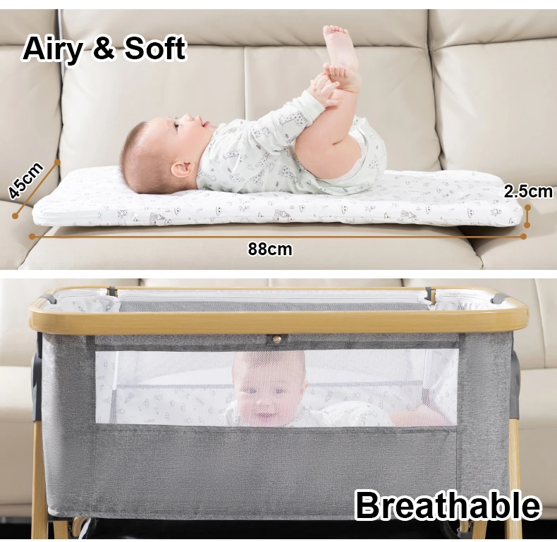 Multi-Functional Baby Crib Portable Movable Bedside Swing Cradle Foldable Sleeping Bed Height Adjustable Splicing Bed for Newborn Infant Home Bedroom Use