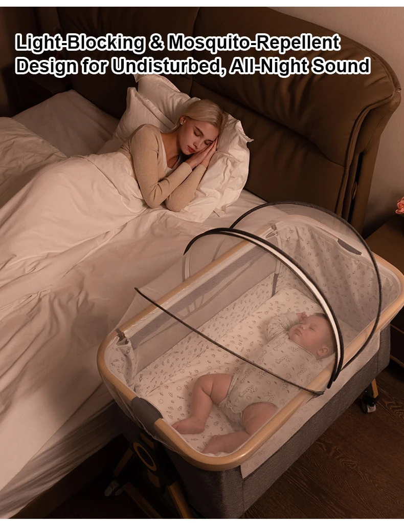 Multi-Functional Baby Crib Portable Movable Bedside Swing Cradle Foldable Sleeping Bed Height Adjustable Splicing Bed for Newborn Infant Home Bedroom Use