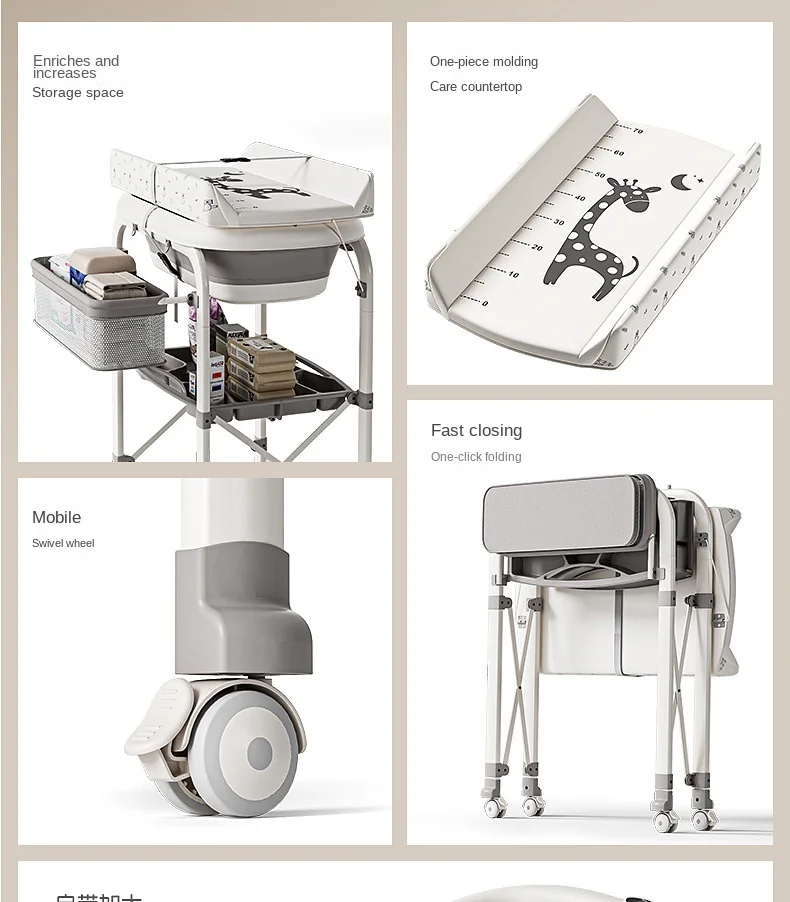 3-in-1 Baby Changing Table with Temperature-Sensing Bath Tub, Foldable, Storage Basket, Reinforced Weight Capacity, with Wheels