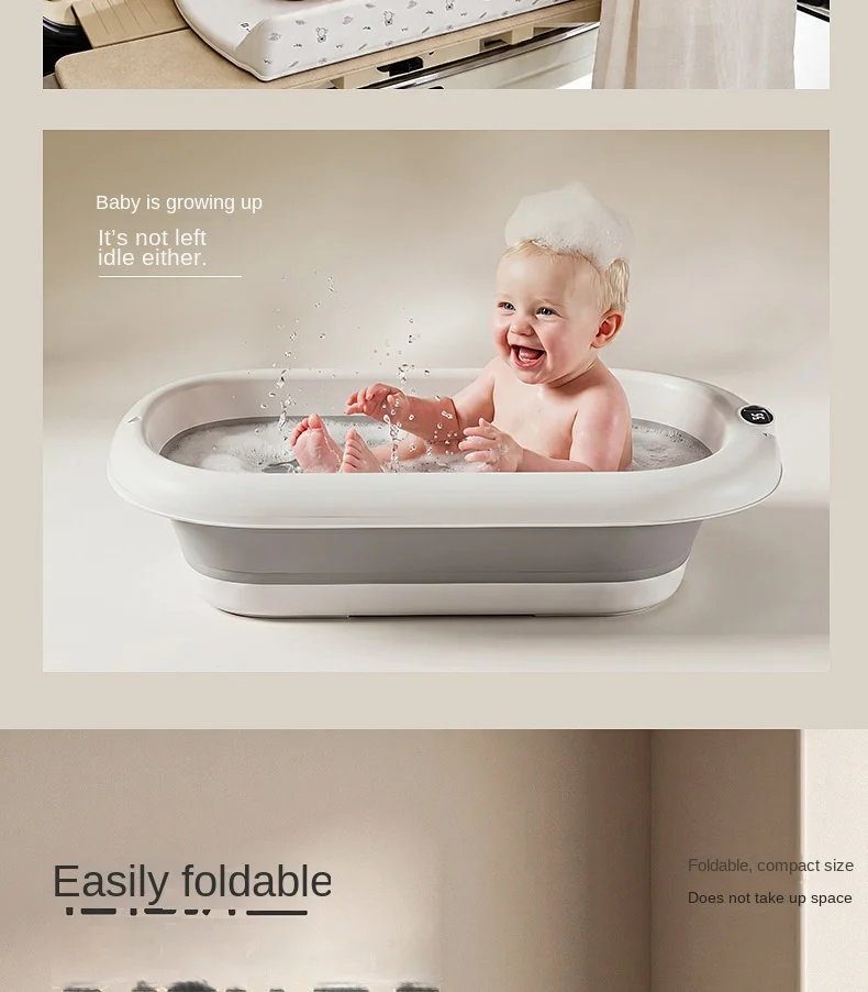 3-in-1 Baby Changing Table with Temperature-Sensing Bath Tub, Foldable, Storage Basket, Reinforced Weight Capacity, with Wheels