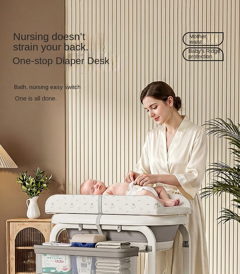 3-in-1 Baby Changing Table with Temperature-Sensing Bath Tub, Foldable, Storage Basket, Reinforced Weight Capacity, with Wheels