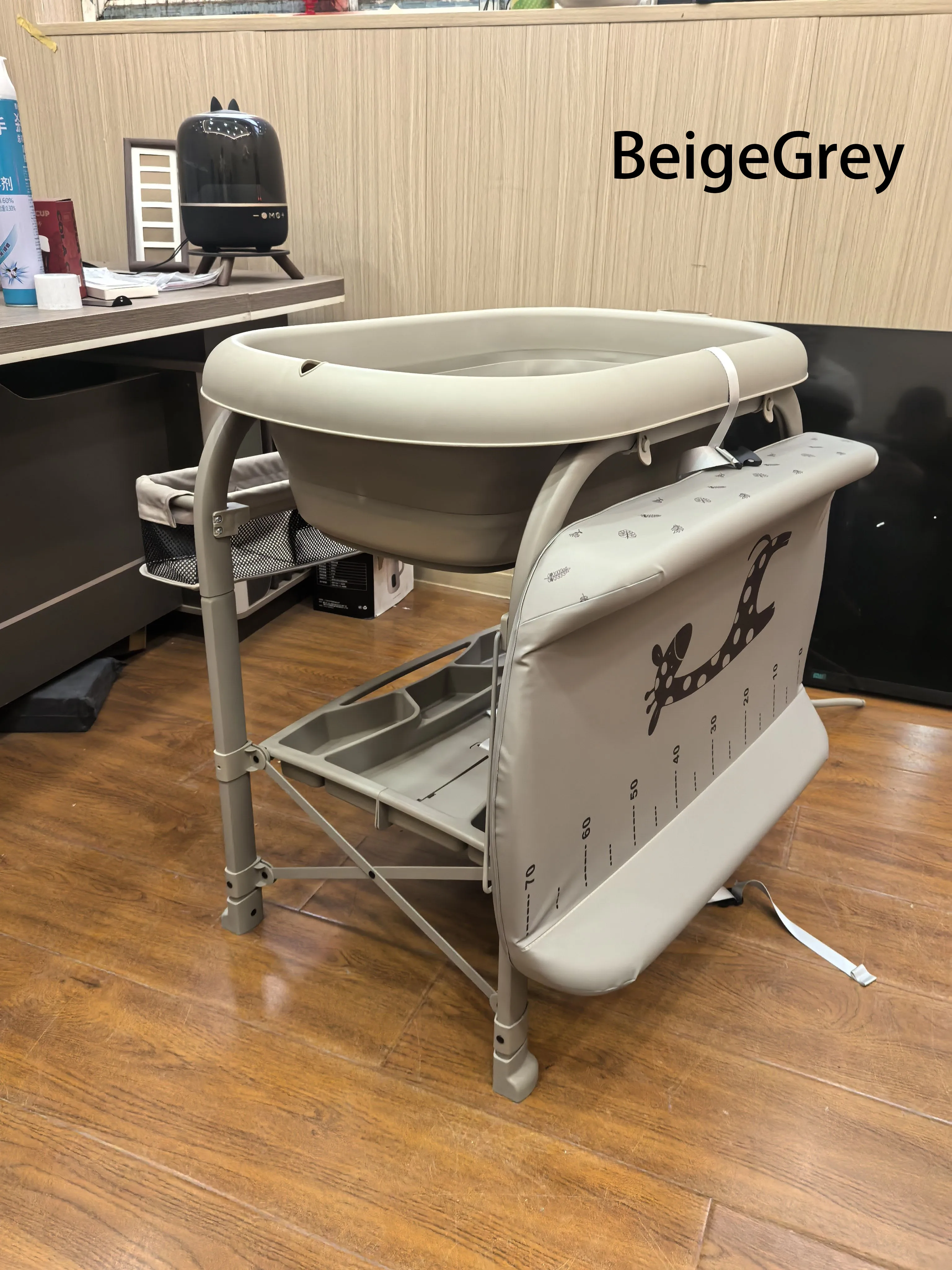 3-in-1 Baby Changing Table with Temperature-Sensing Bath Tub, Foldable, Storage Basket, Reinforced Weight Capacity, with Wheels
