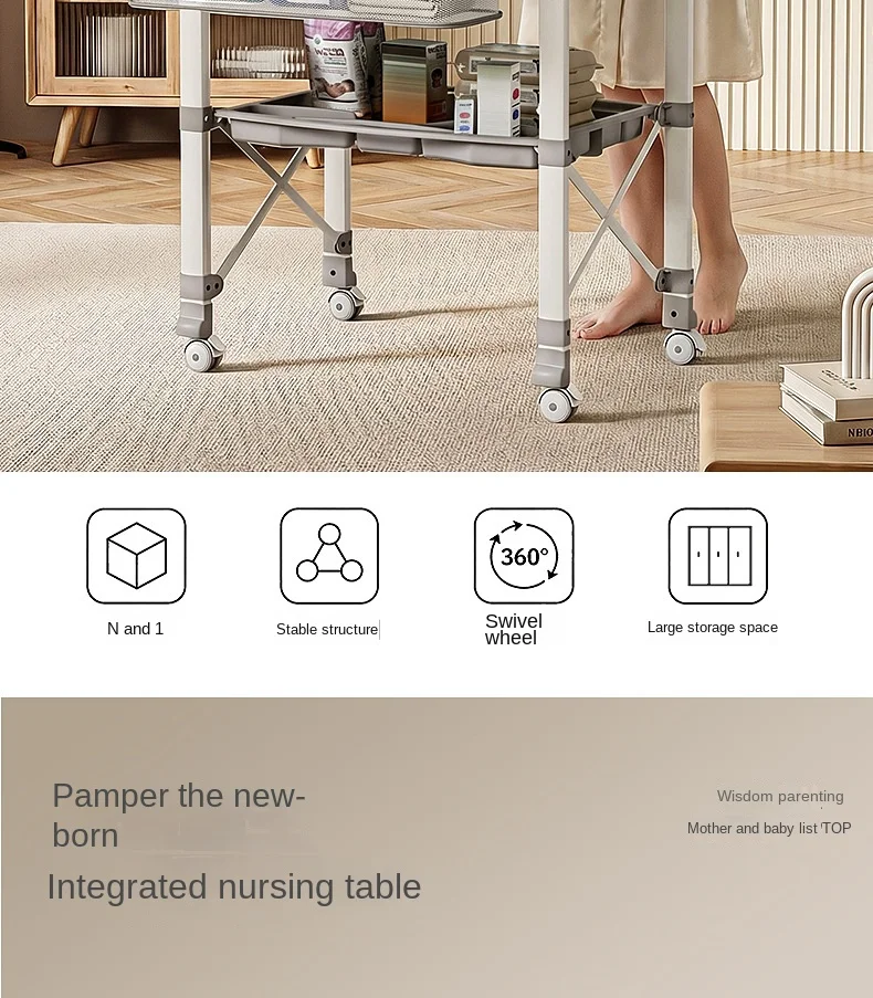 3-in-1 Baby Changing Table with Temperature-Sensing Bath Tub, Foldable, Storage Basket, Reinforced Weight Capacity, with Wheels