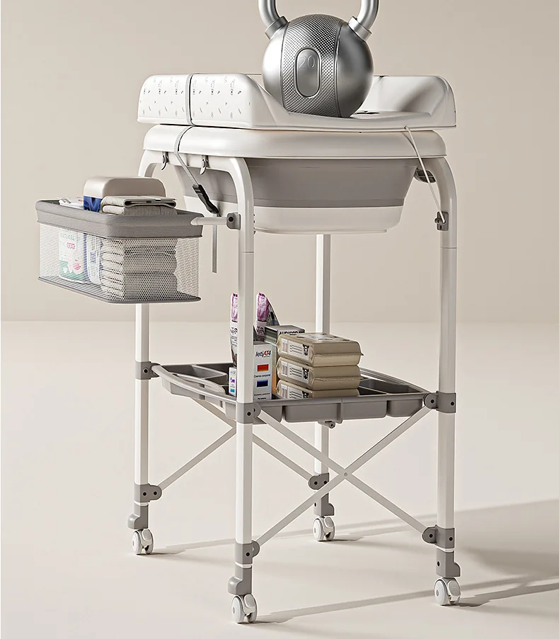 3-in-1 Baby Changing Table with Temperature-Sensing Bath Tub, Foldable, Storage Basket, Reinforced Weight Capacity, with Wheels