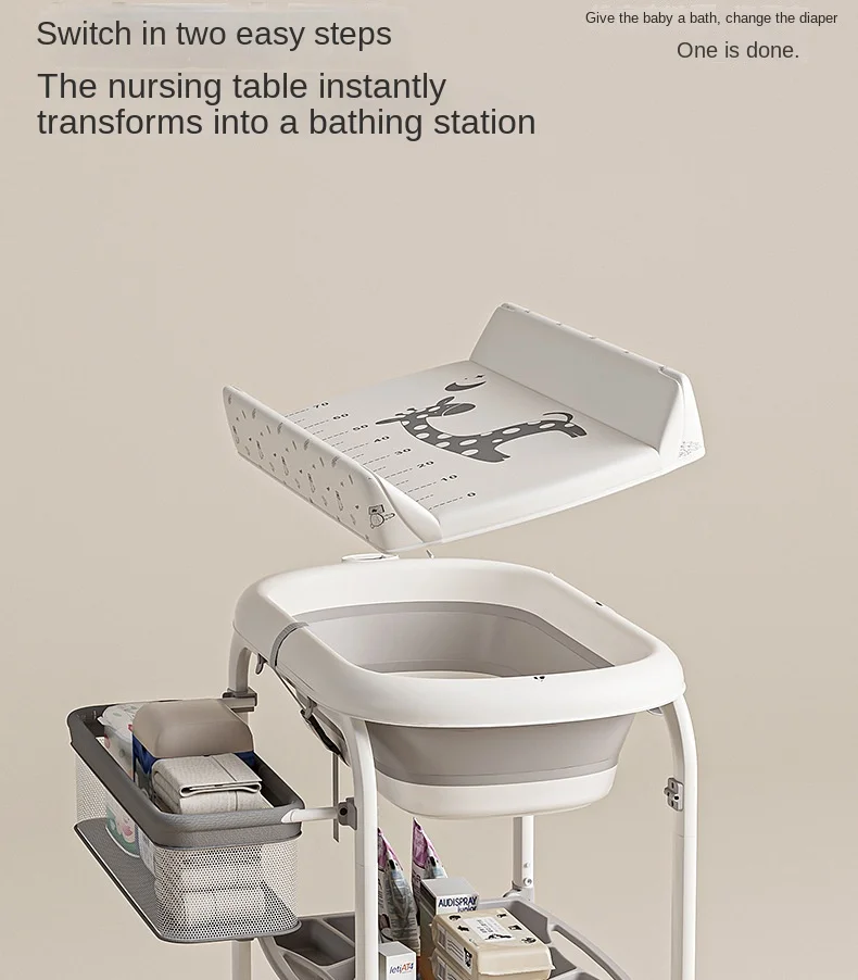 3-in-1 Baby Changing Table with Temperature-Sensing Bath Tub, Foldable, Storage Basket, Reinforced Weight Capacity, with Wheels