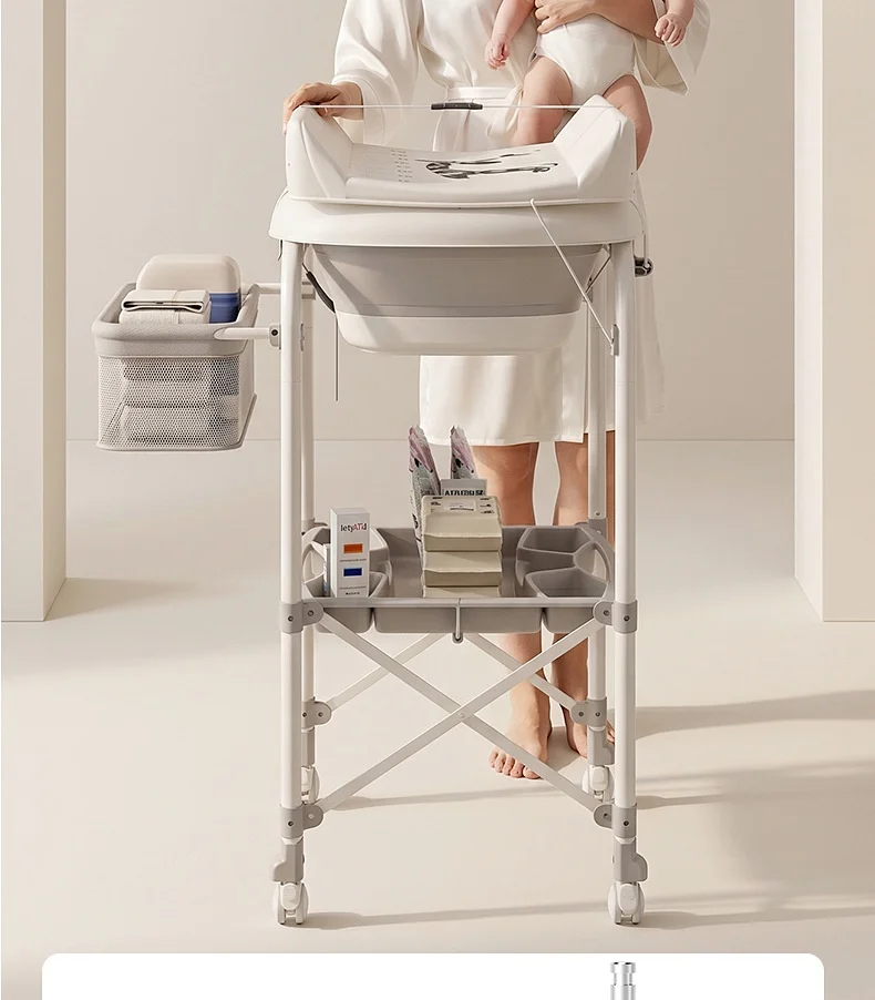 3-in-1 Baby Changing Table with Temperature-Sensing Bath Tub, Foldable, Storage Basket, Reinforced Weight Capacity, with Wheels