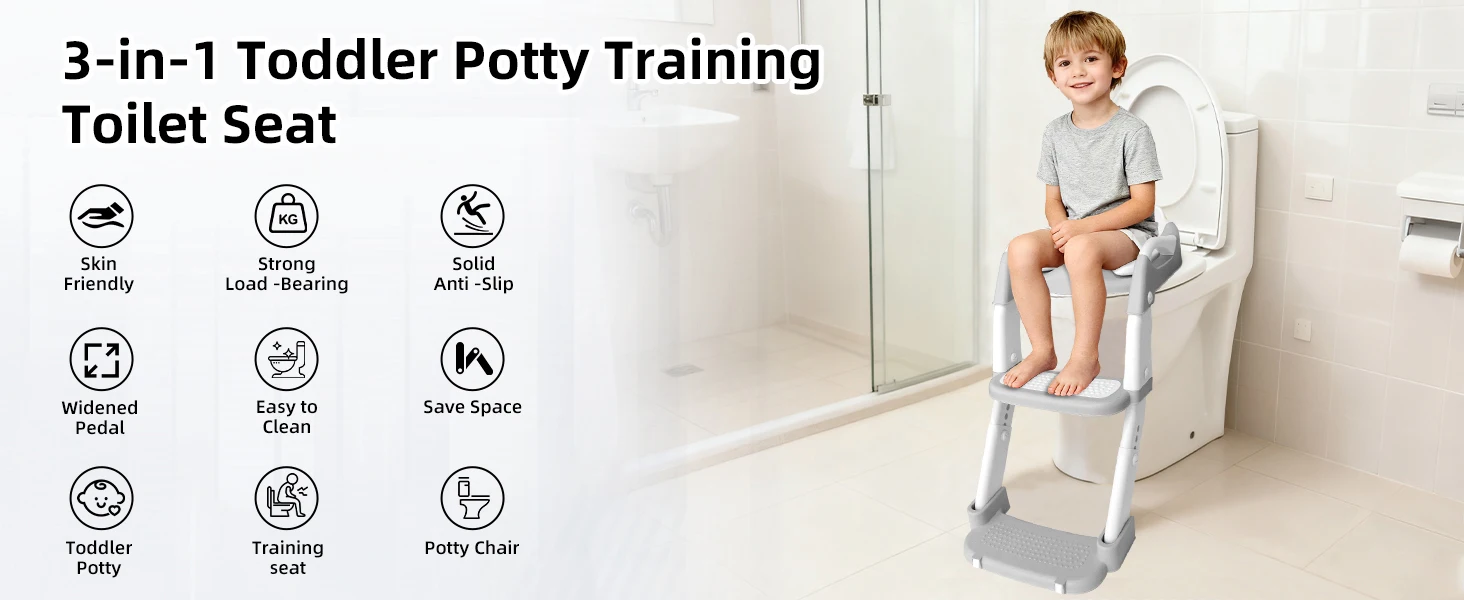 PANGDUBE Toddler Potty Training Seat with Ladder, 3 in 1 Kids Toilet Step Stool, Non-Slip Soft Cushion, Foldable Children Potty