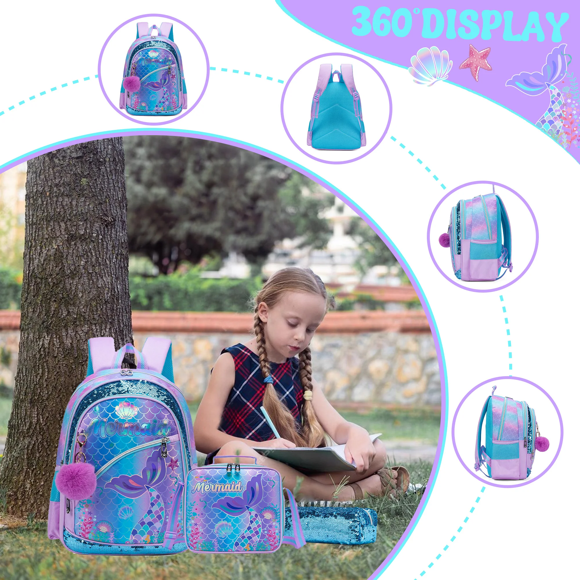 Backpack for Girls School Backpack with Lunch Box for Elementary Student Teen Girls Cute School Bag Kids Book