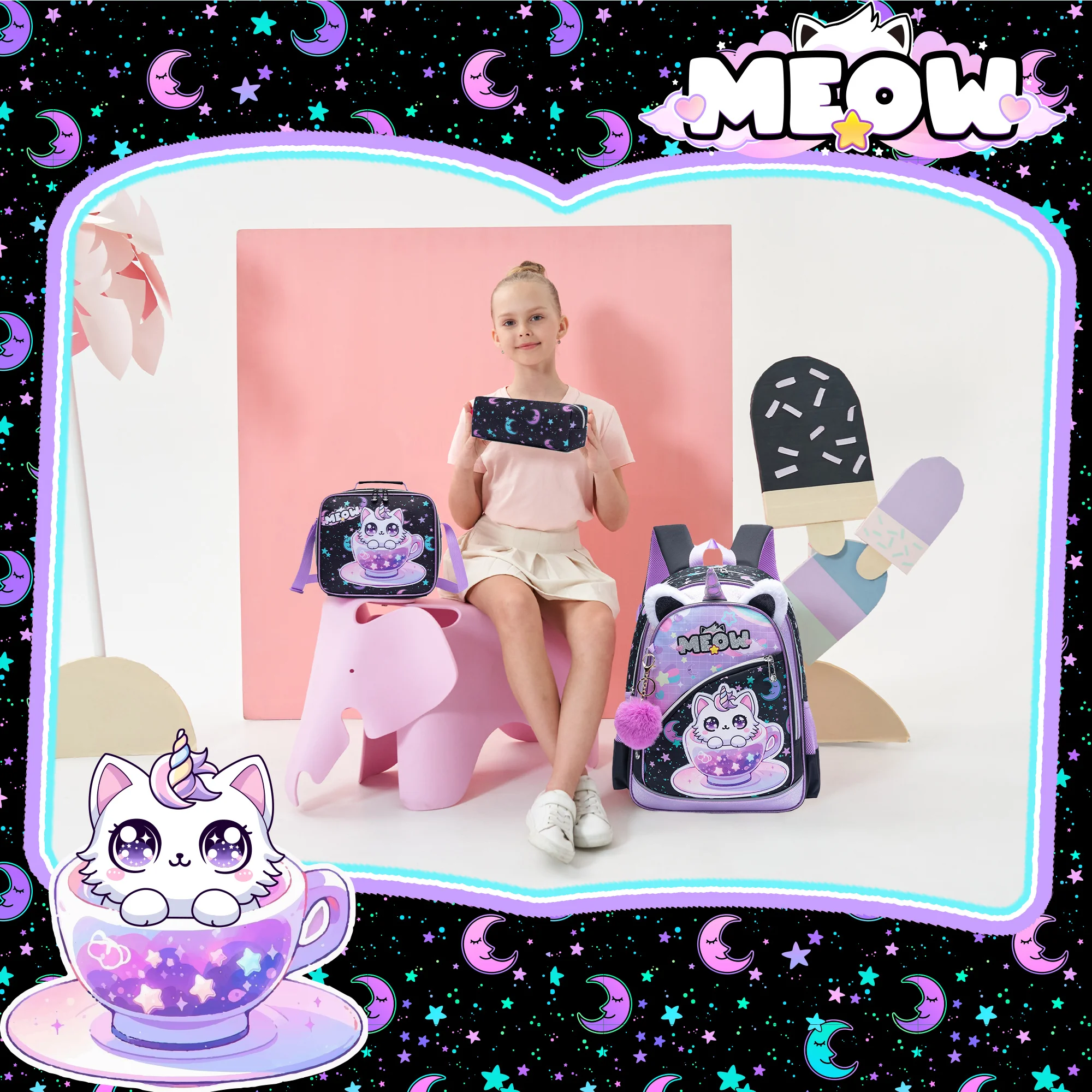 Backpack for Girls School Backpack with Lunch Box for Elementary Student Teen Girls Cute School Bag Kids Book