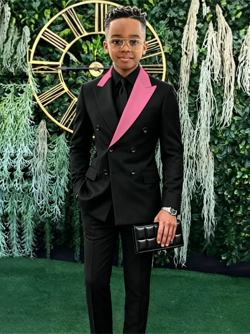 Fashion Boys Contrast Suit Set 2 Pieces Jacket Pants For Formal Events Double Breasted Kids Slim Fit Tuxedo Graduation Ceremony