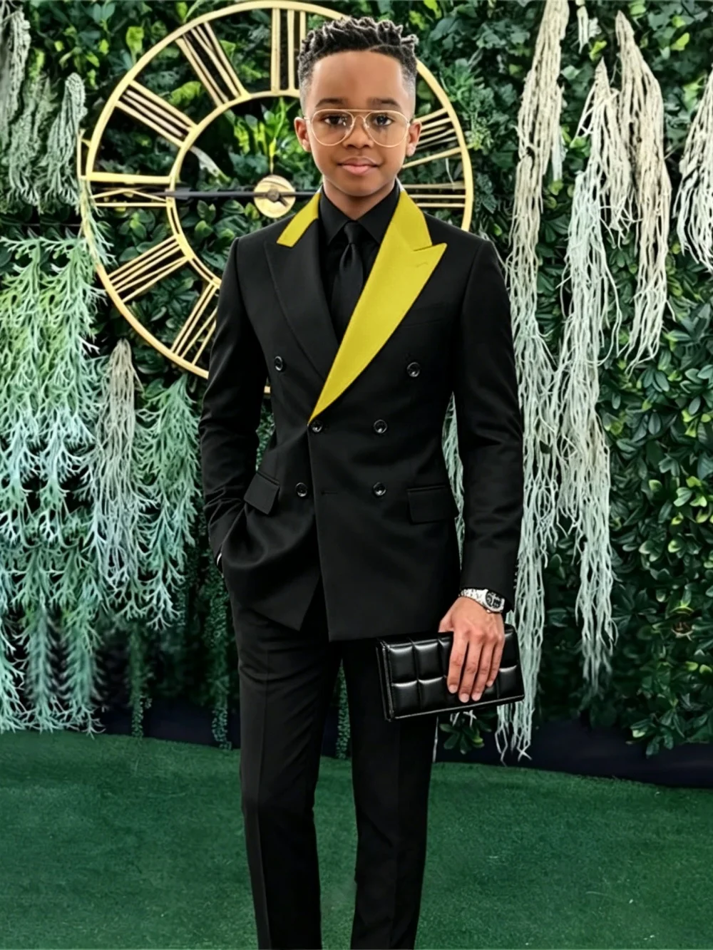 Fashion Boys Contrast Suit Set 2 Pieces Jacket Pants For Formal Events Double Breasted Kids Slim Fit Tuxedo Graduation Ceremony