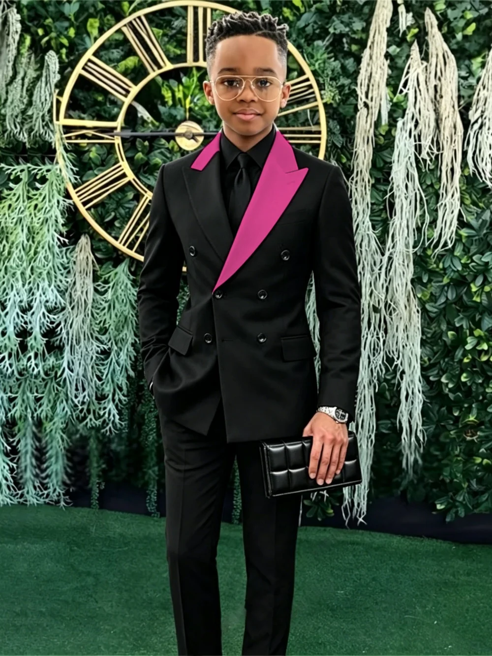 Fashion Boys Contrast Suit Set 2 Pieces Jacket Pants For Formal Events Double Breasted Kids Slim Fit Tuxedo Graduation Ceremony