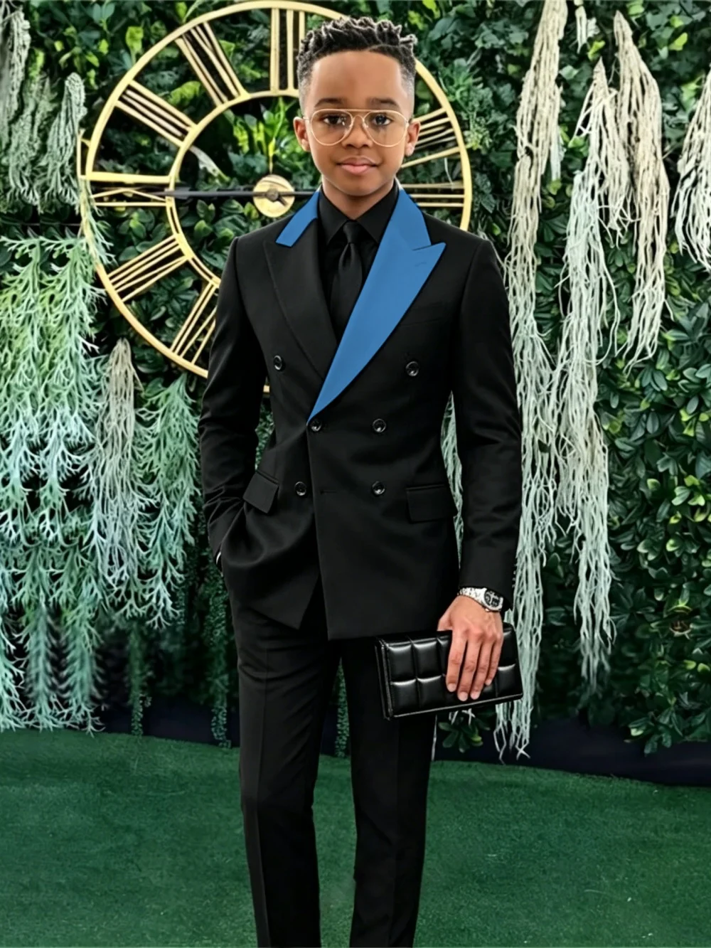 Fashion Boys Contrast Suit Set 2 Pieces Jacket Pants For Formal Events Double Breasted Kids Slim Fit Tuxedo Graduation Ceremony