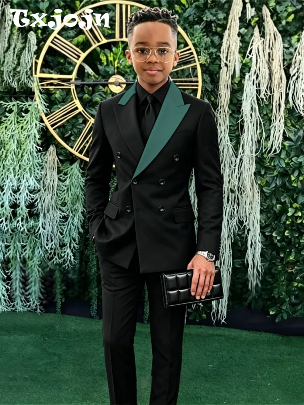 Fashion Boys Contrast Suit Set 2 Pieces Jacket Pants For Formal Events Double Breasted Kids Slim Fit Tuxedo Graduation Ceremony