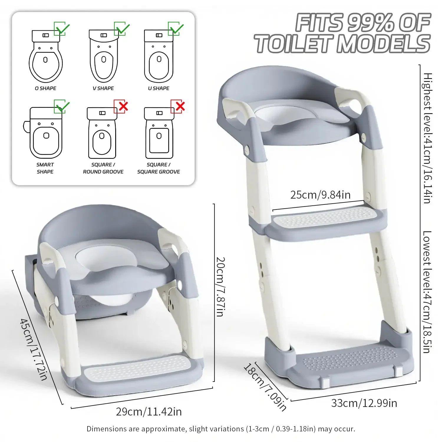 2-in-1 Foldable Toddler Toilet Ladder Seat, Adjustable Potty Training Chair with Non-Slip Steps & Anti-Slip Foot Pads, Stable Toilet Trainer for Boys Girls, Kids Bathroom Potty Seat Available in Grey Green Purple
