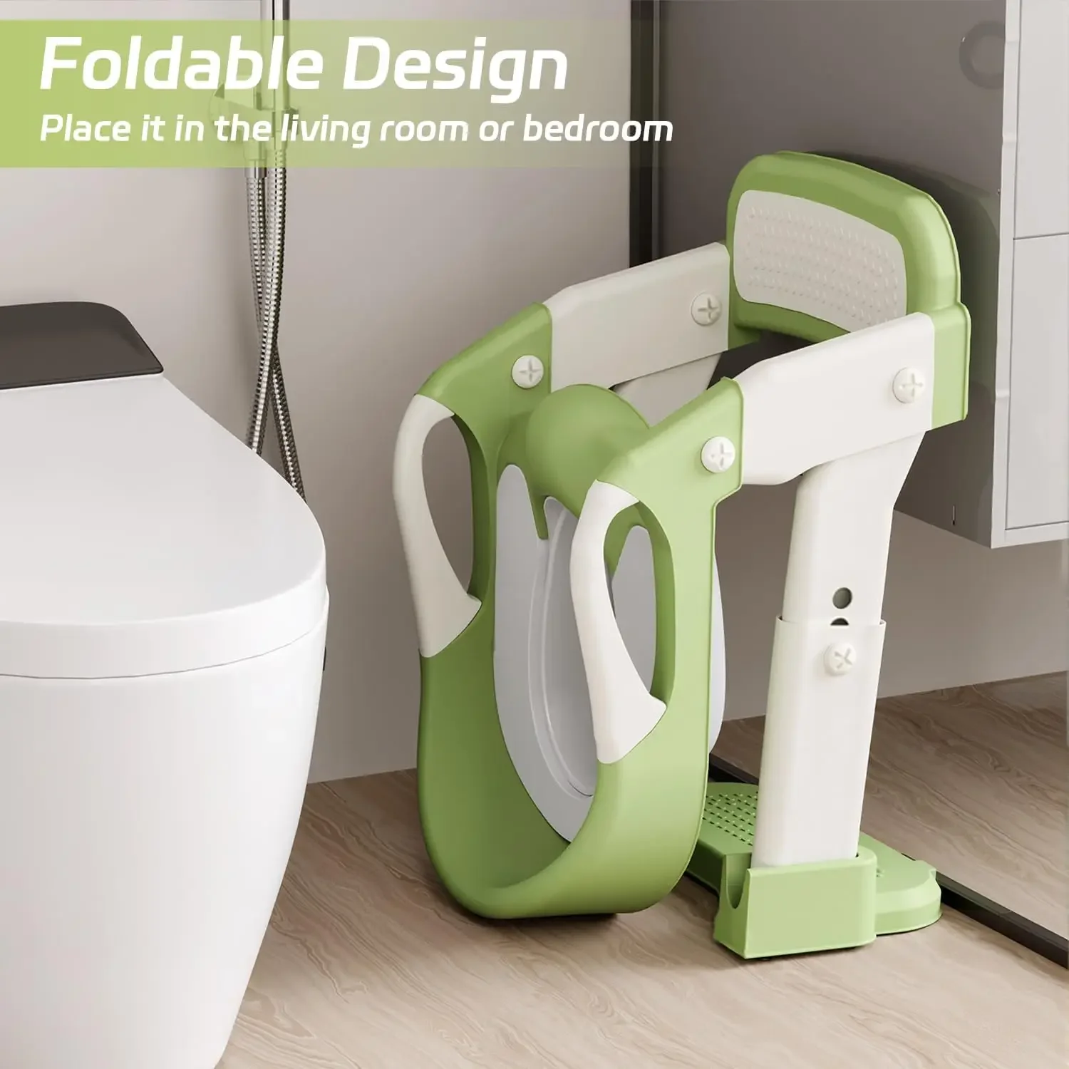 2-in-1 Foldable Toddler Toilet Ladder Seat, Adjustable Potty Training Chair with Non-Slip Steps & Anti-Slip Foot Pads, Stable Toilet Trainer for Boys Girls, Kids Bathroom Potty Seat Available in Grey Green Purple