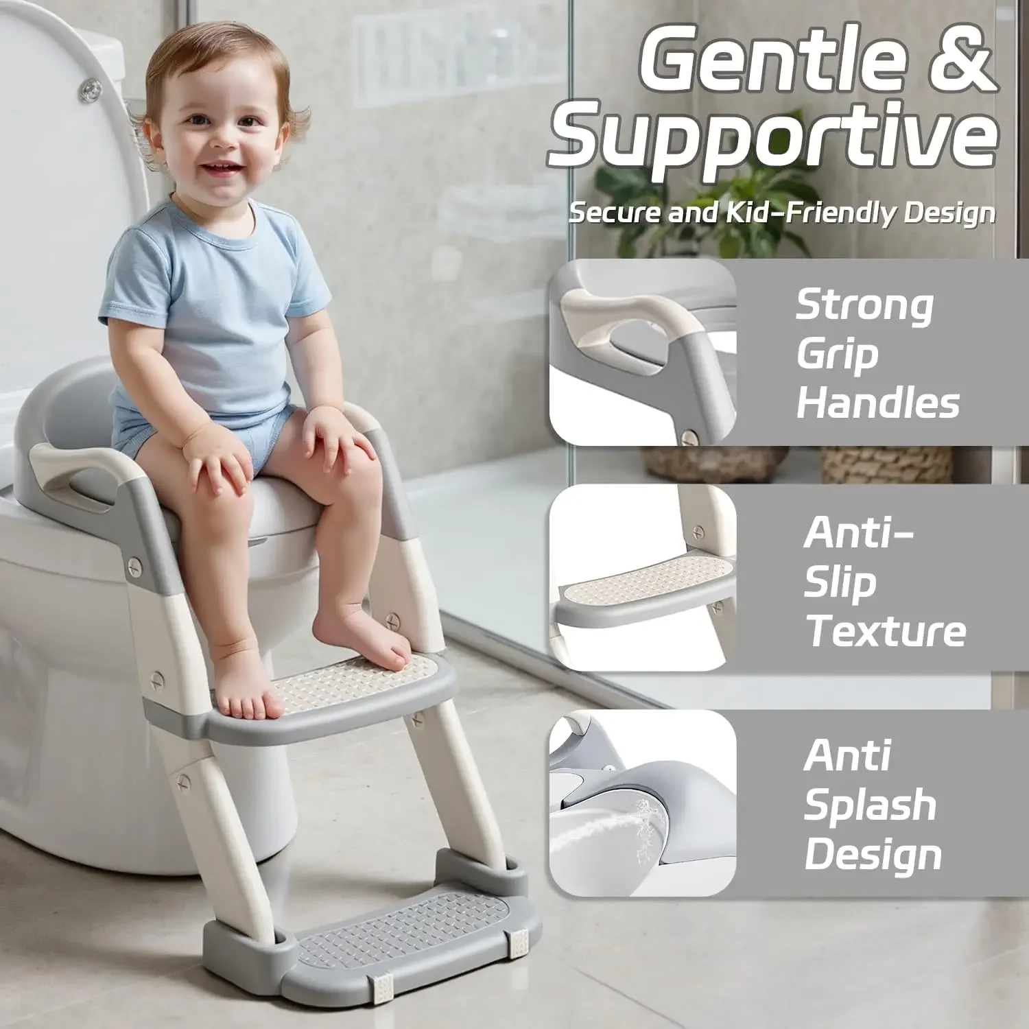 2-in-1 Foldable Toddler Toilet Ladder Seat, Adjustable Potty Training Chair with Non-Slip Steps & Anti-Slip Foot Pads, Stable Toilet Trainer for Boys Girls, Kids Bathroom Potty Seat Available in Grey Green Purple