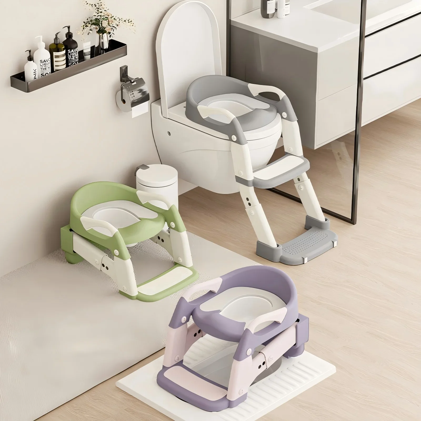 2-in-1 Foldable Toddler Toilet Ladder Seat, Adjustable Potty Training Chair with Non-Slip Steps & Anti-Slip Foot Pads, Stable Toilet Trainer for Boys Girls, Kids Bathroom Potty Seat Available in Grey Green Purple