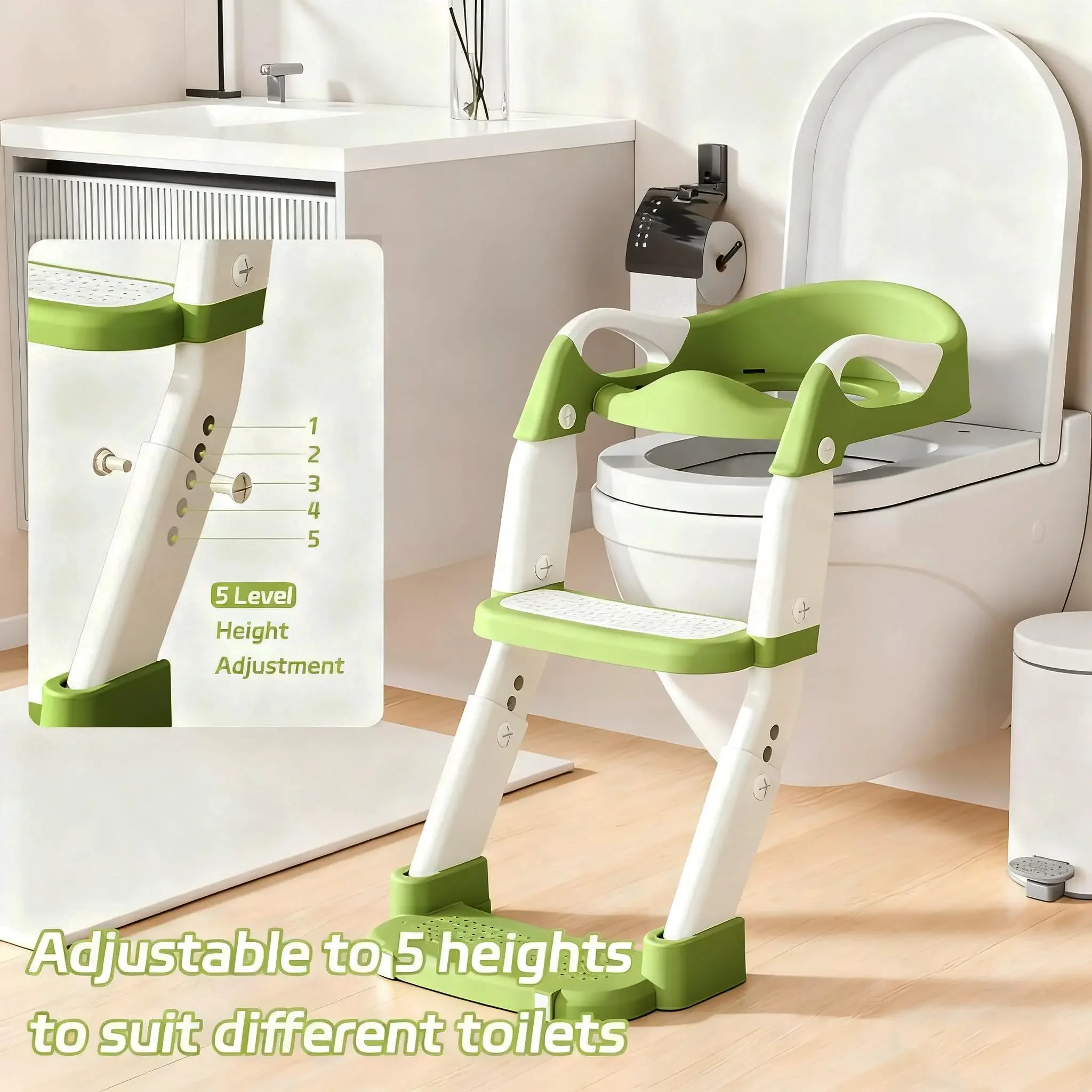 2-in-1 Foldable Toddler Toilet Ladder Seat, Adjustable Potty Training Chair with Non-Slip Steps & Anti-Slip Foot Pads, Stable Toilet Trainer for Boys Girls, Kids Bathroom Potty Seat Available in Grey Green Purple