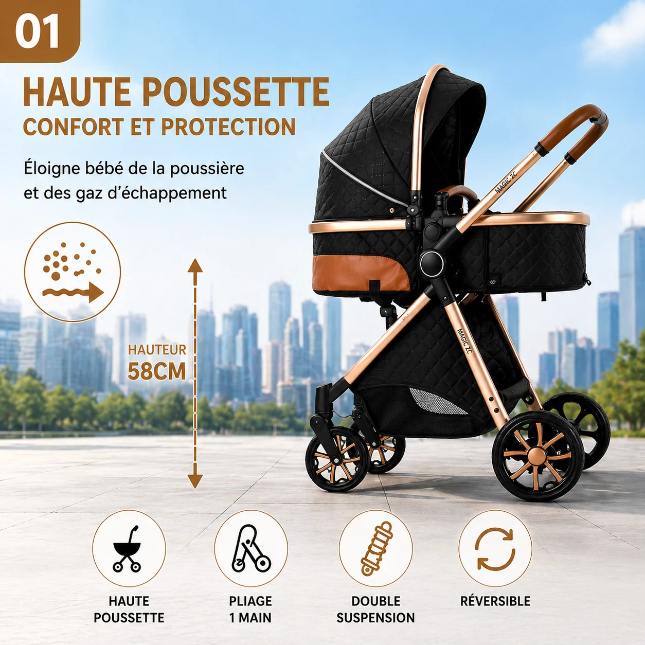 3-in-1 Baby Travel System, Combined Stroller, Aluminum Frame, Foldable, High Position, Suspension Wheels, Sunshade Canopy, Multi-Position Seat, with 6 Free Gifts.