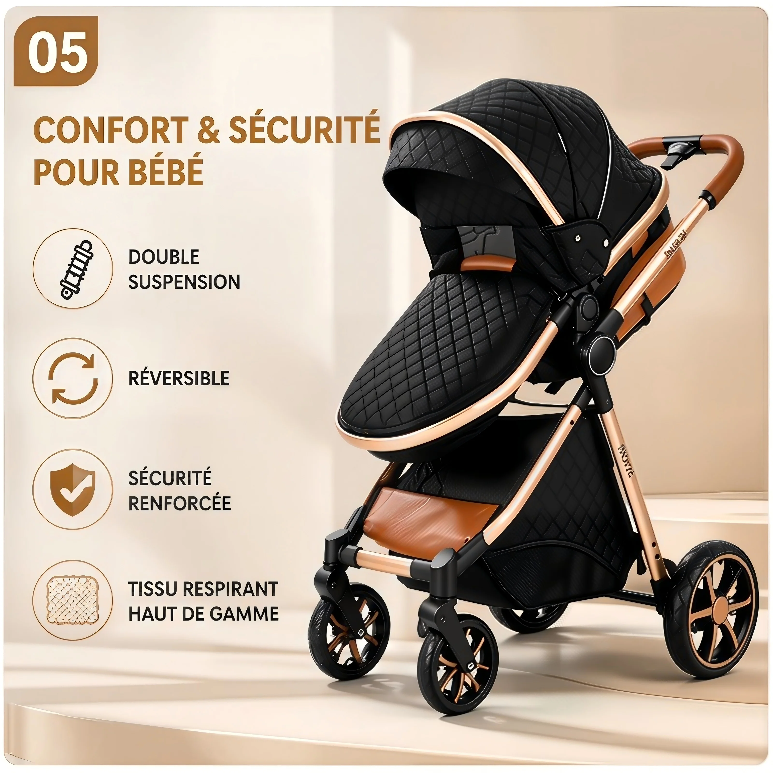 3-in-1 Baby Travel System, Combined Stroller, Aluminum Frame, Foldable, High Position, Suspension Wheels, Sunshade Canopy, Multi-Position Seat, with 6 Free Gifts.
