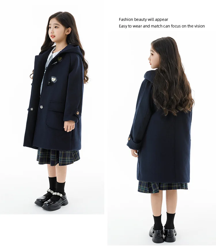 Fall Winter Girls Hooded Duffle Coat Toggle Button Wool Blend Windproof Warm Daily Outerwear School Kids Overcoat Casual Outfits